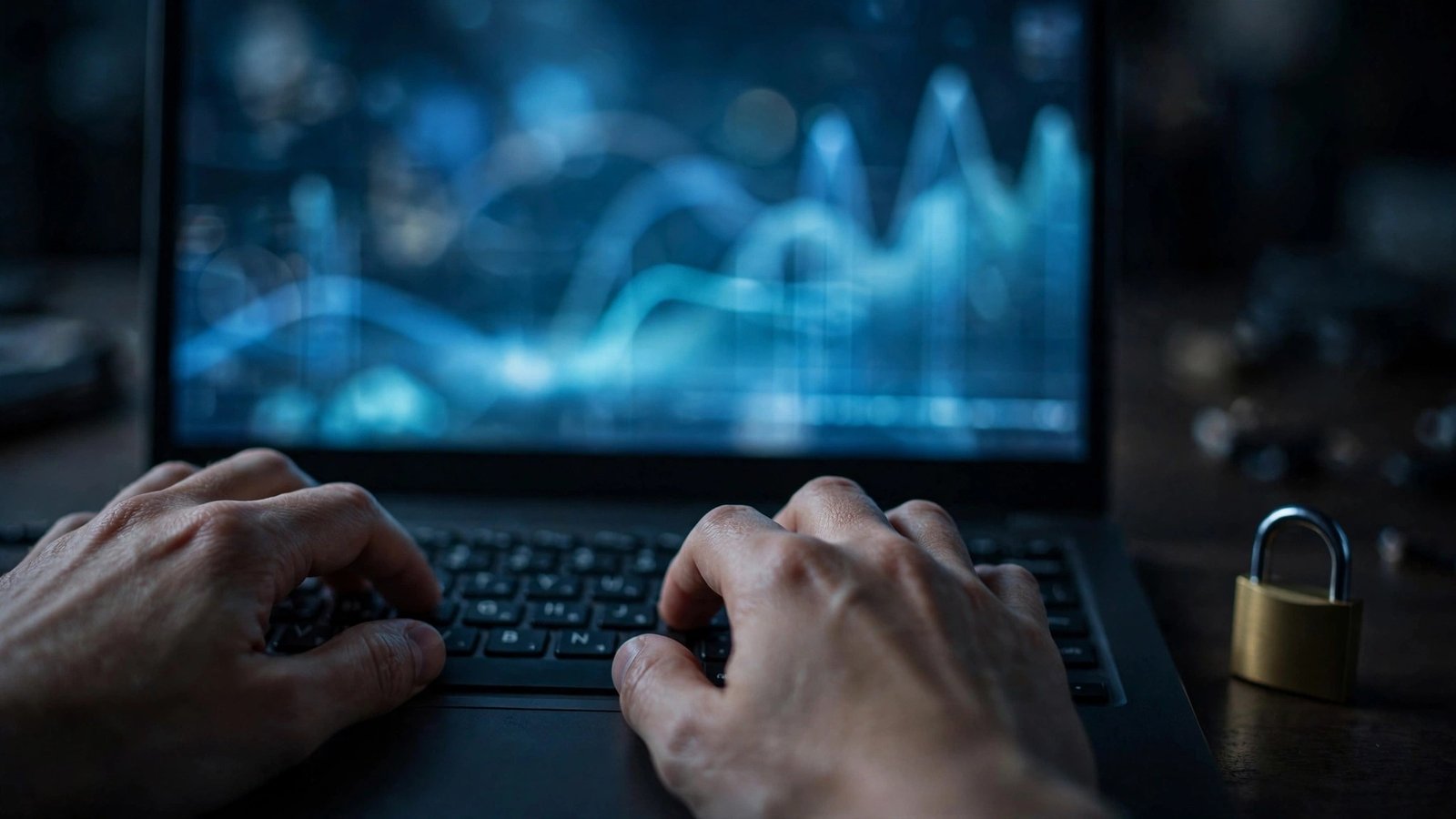 Hands typing on a laptop keyboard next to a small gold padlock, with a blurred chart on the screen