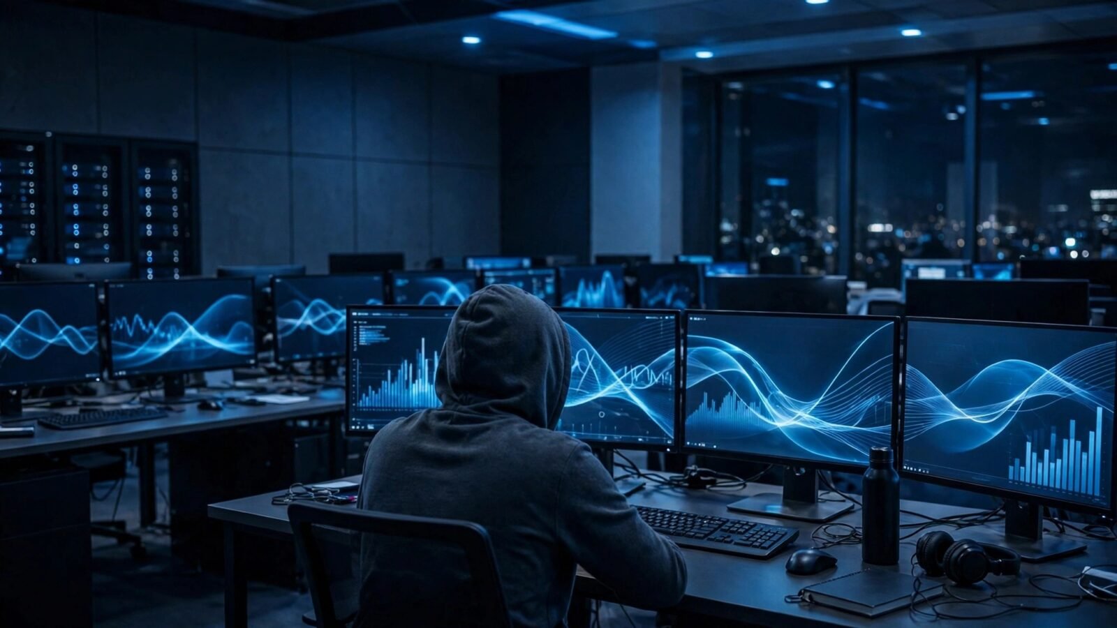An office at night with rows of computer monitors showing abstract blue charts