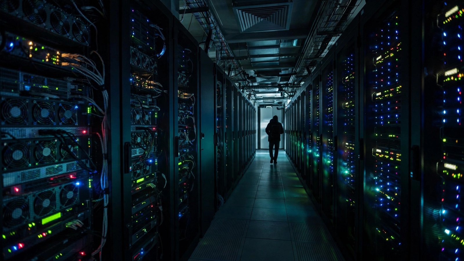 A person walking down an aisle between rows of server racks with blinking lights in a data center