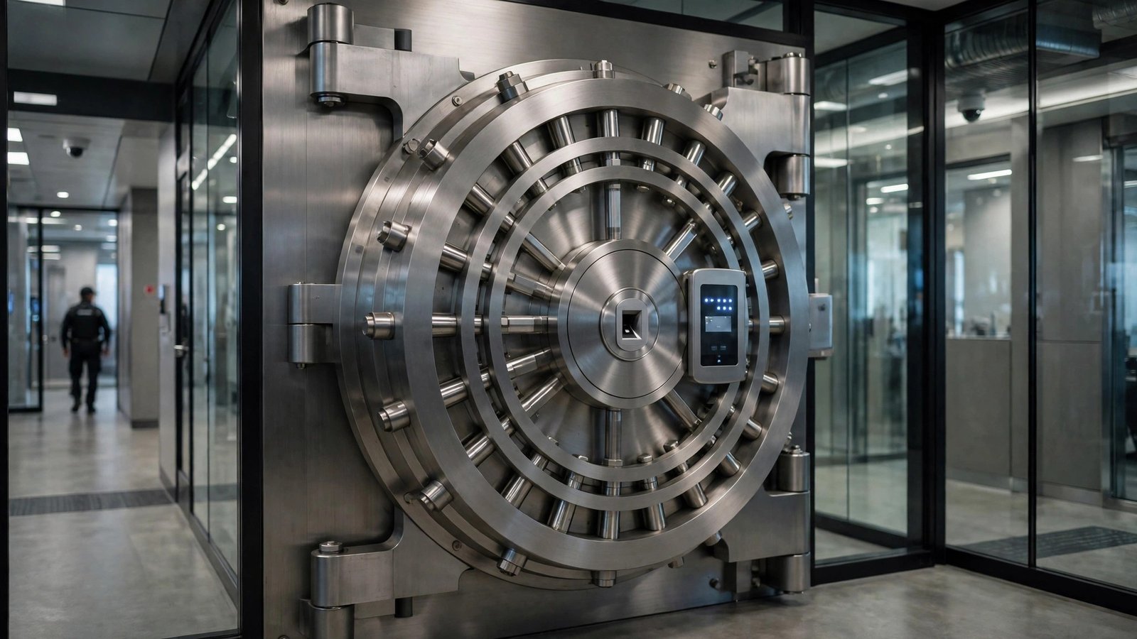 A large round steel vault door in a modern security facility, with a person walking in a hallway in the background