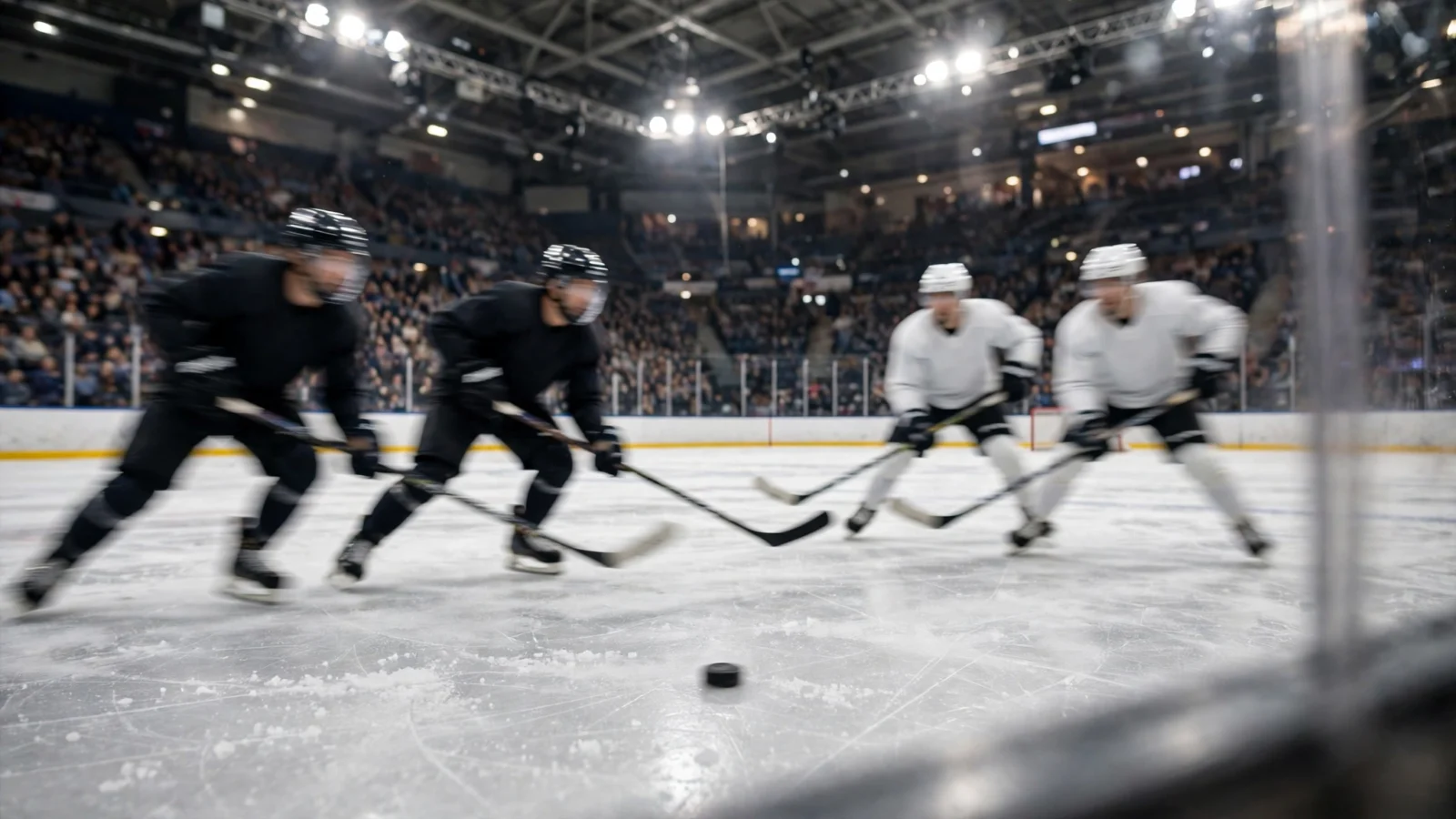 Ice hockey players in black and white jerseys skate toward a puck in a large arena
