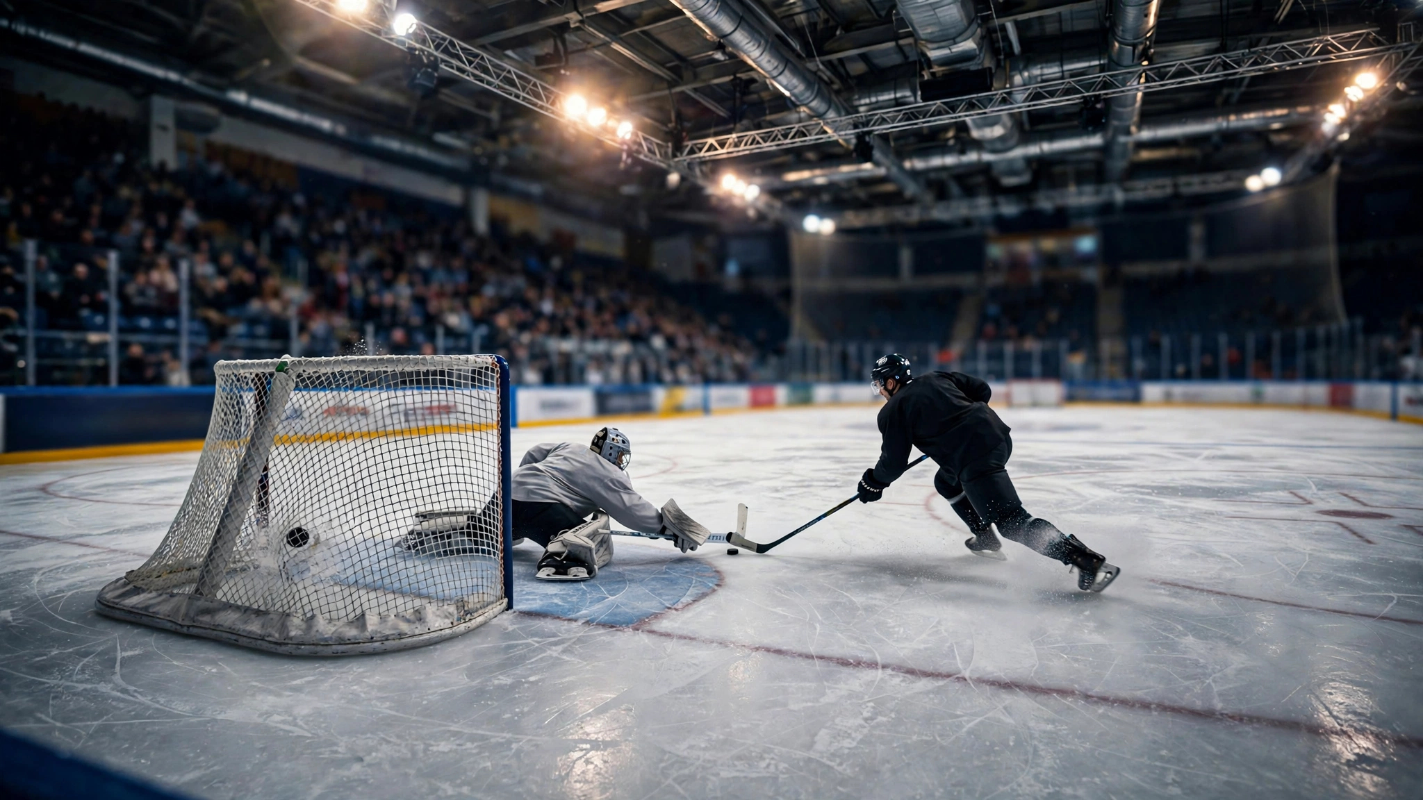 A hockey player shoots at the goal while the goaltender stretches to block the puck