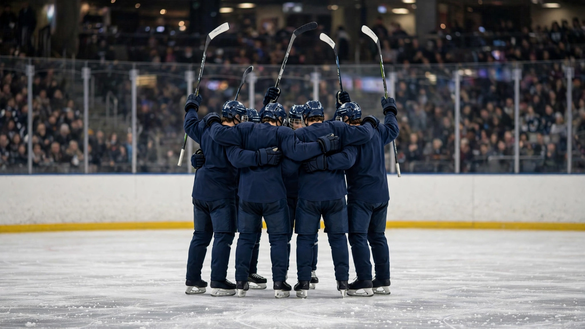 Hockey players in dark jerseys huddle on the ice with sticks raised