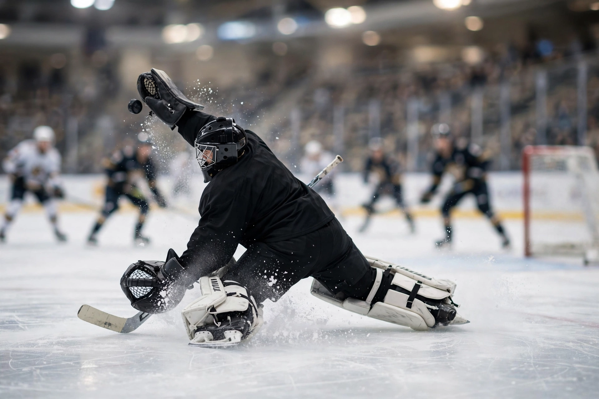 A goaltender in black pads dives to catch a puck in a bright arena