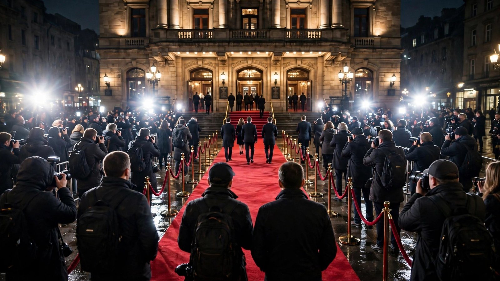 A red carpet leading into a lit building at night, lined with photographers and onlookers