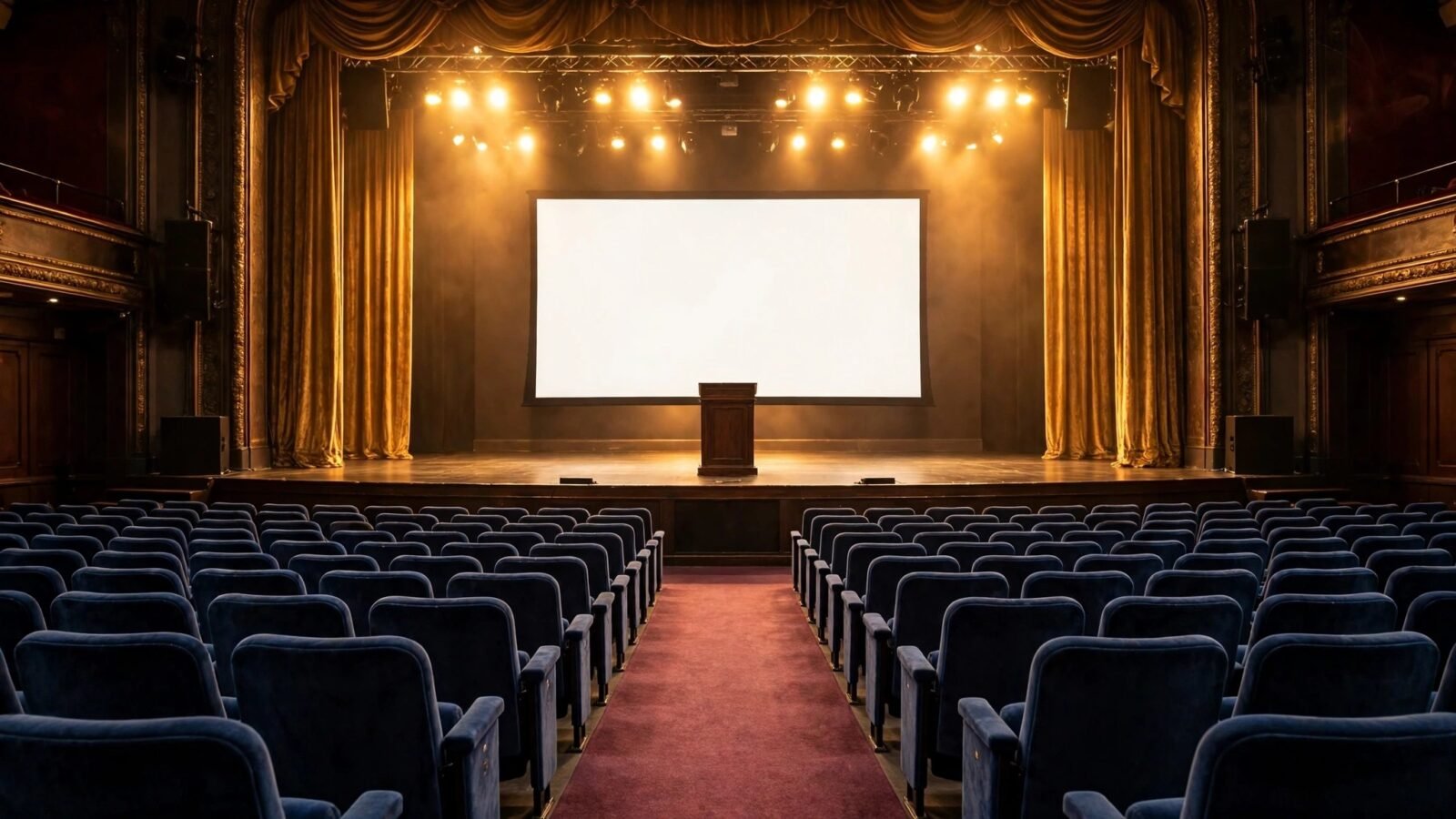 An empty theater stage with a podium, a blank screen, gold curtains and rows of blue seats under stage lights