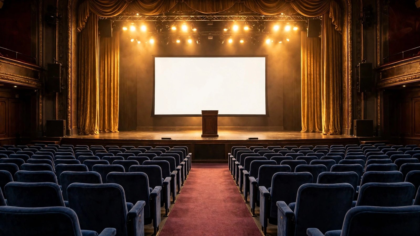 An empty theater stage with a podium, a blank screen, gold curtains and rows of blue seats under stage lights