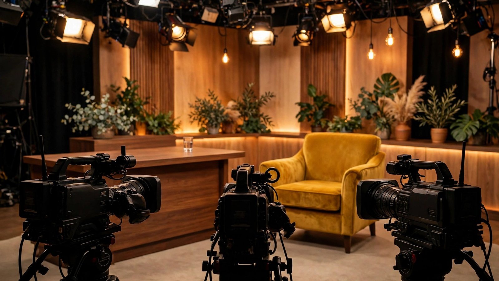 An empty television talk show set with a yellow armchair, a desk, plants and three studio cameras