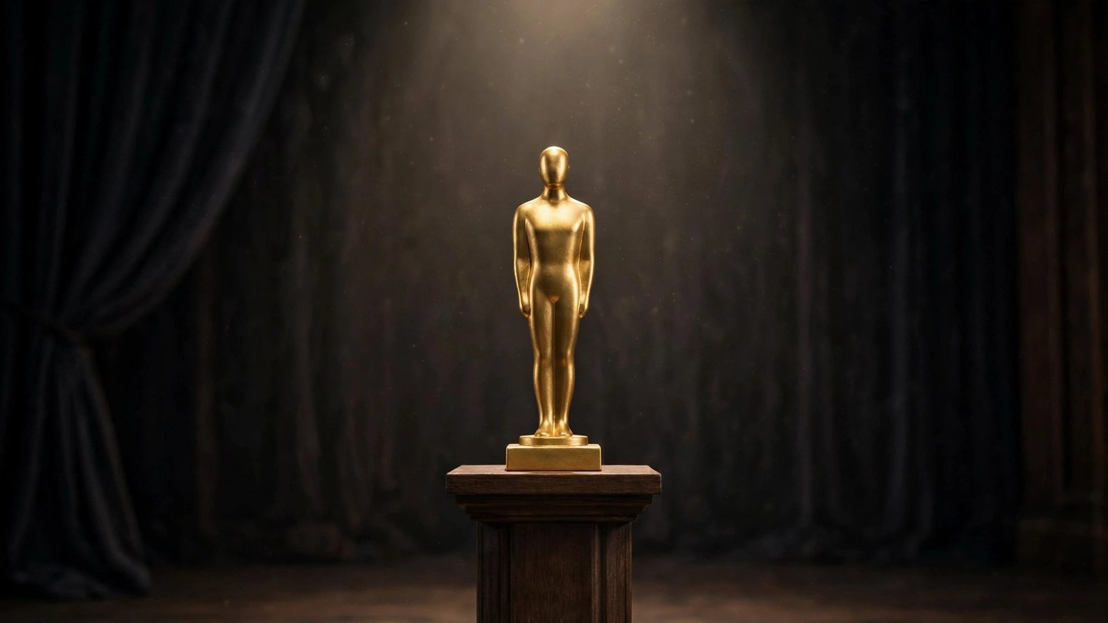 A plain golden statuette on a wooden pedestal under a spotlight in front of dark curtains