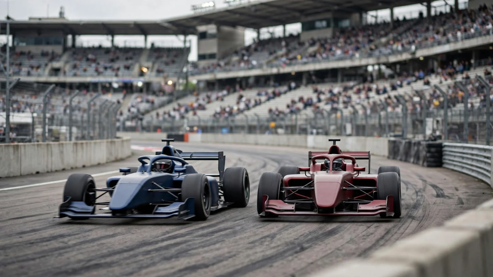 Two open-wheel race cars racing side by side on a track in front of grandstands