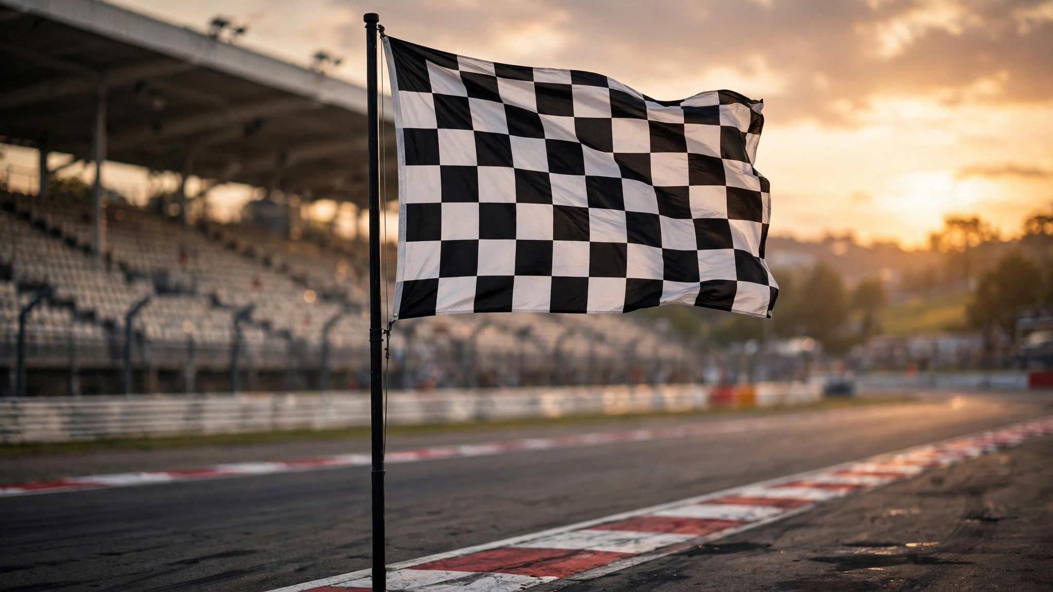 A black-and-white checkered flag waving above a race track at sunset