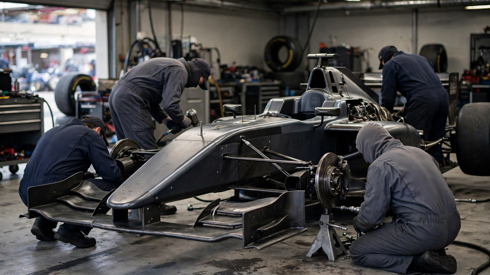 Mechanics in dark uniforms working on an open-wheel race car inside a pit garage