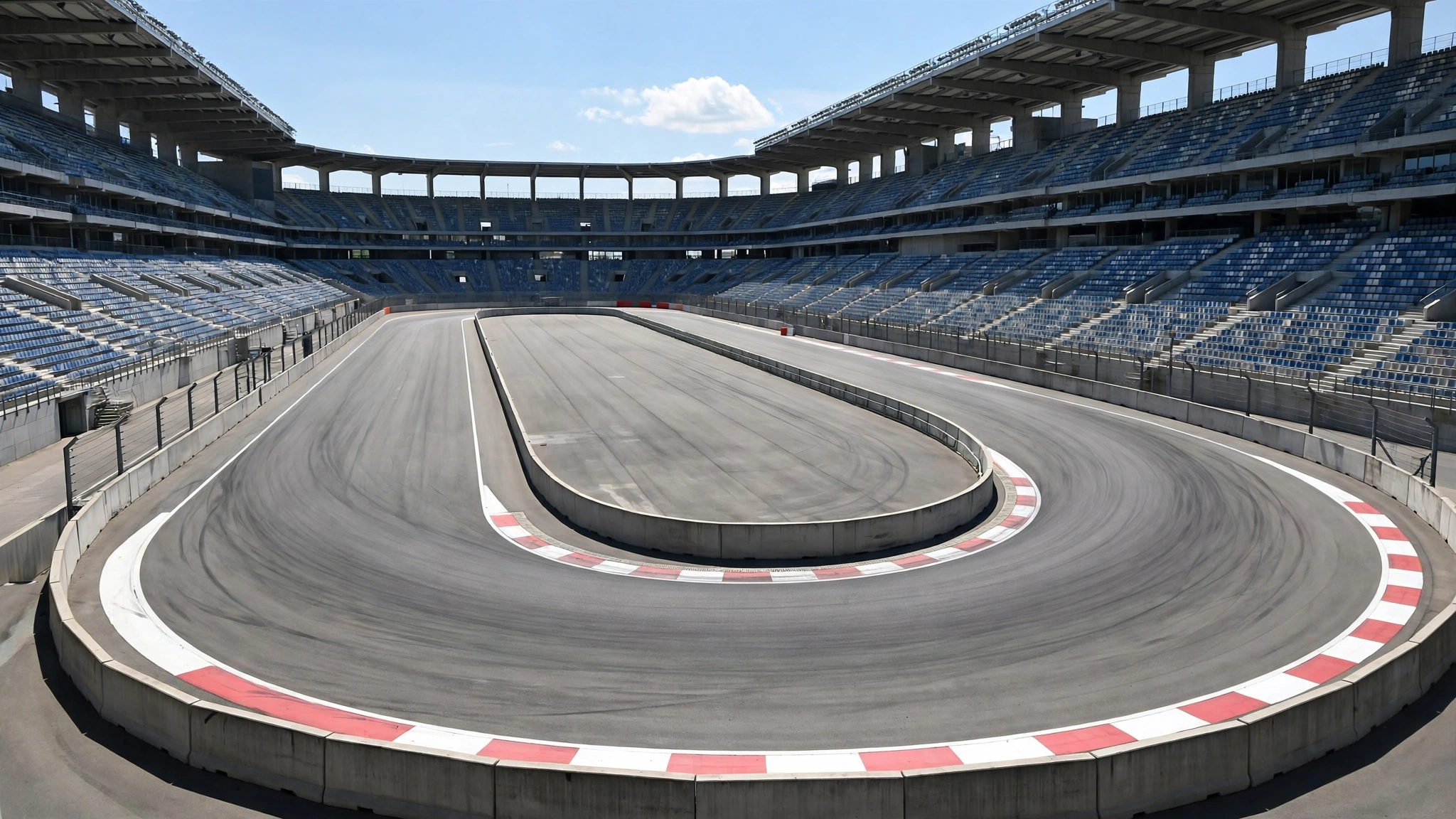 An empty race track curving through a large stadium grandstand section on a sunny day