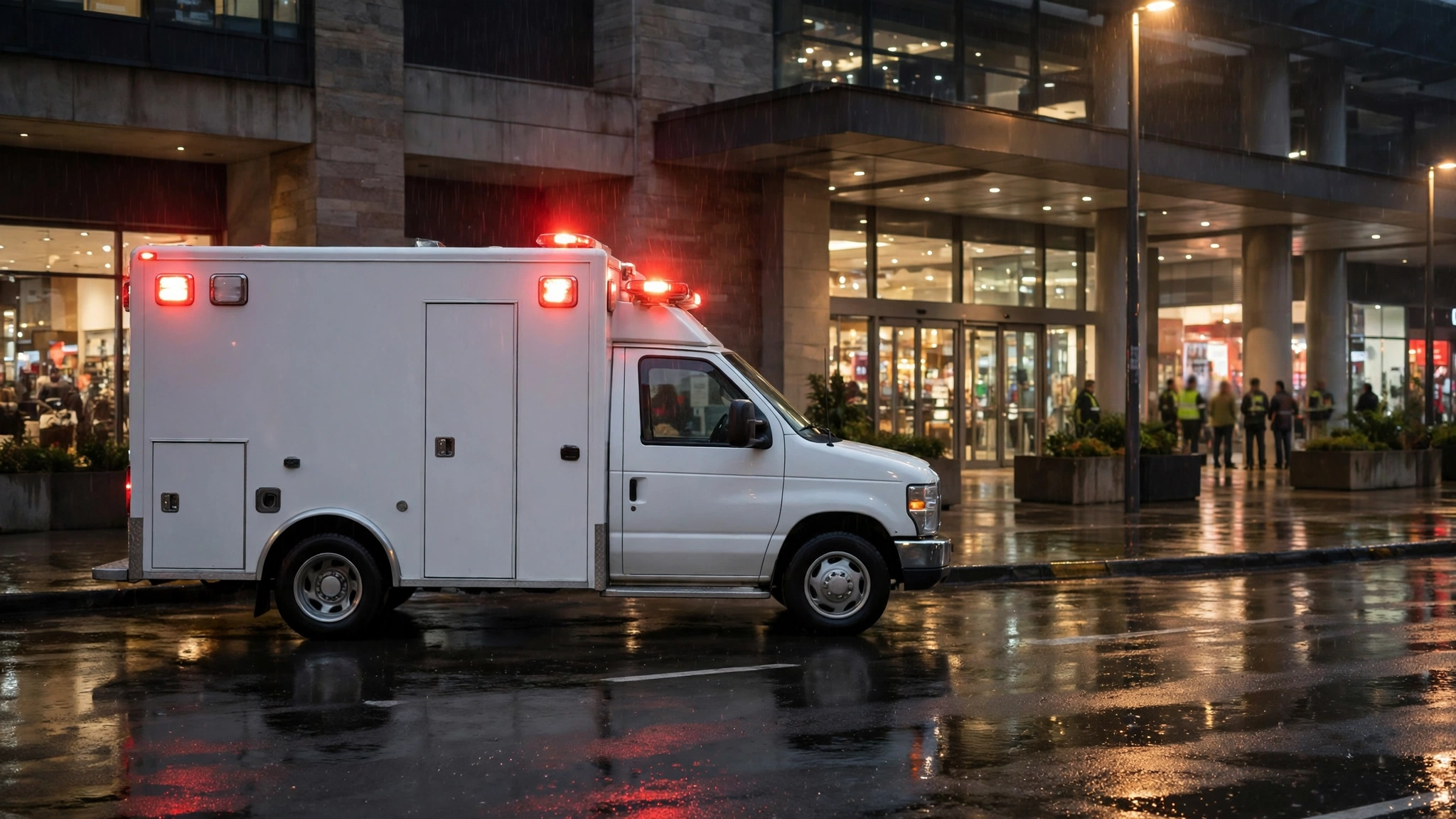A white ambulance with red lights flashing parked on a wet street outside a shopping mall at night