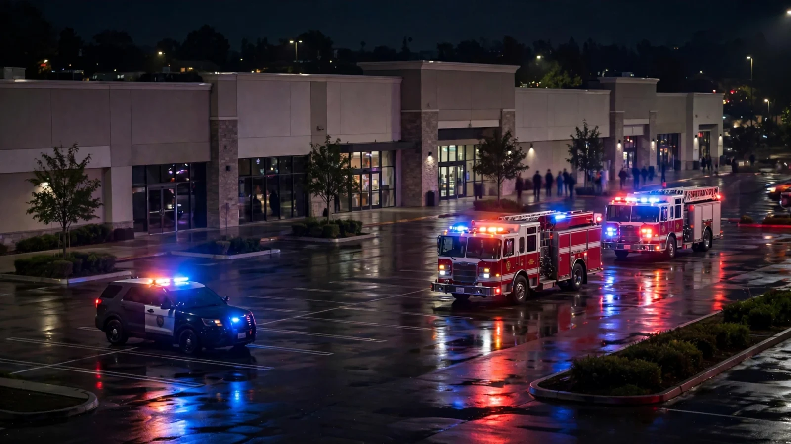 Police car and fire trucks with flashing lights parked outside a shopping mall at night
