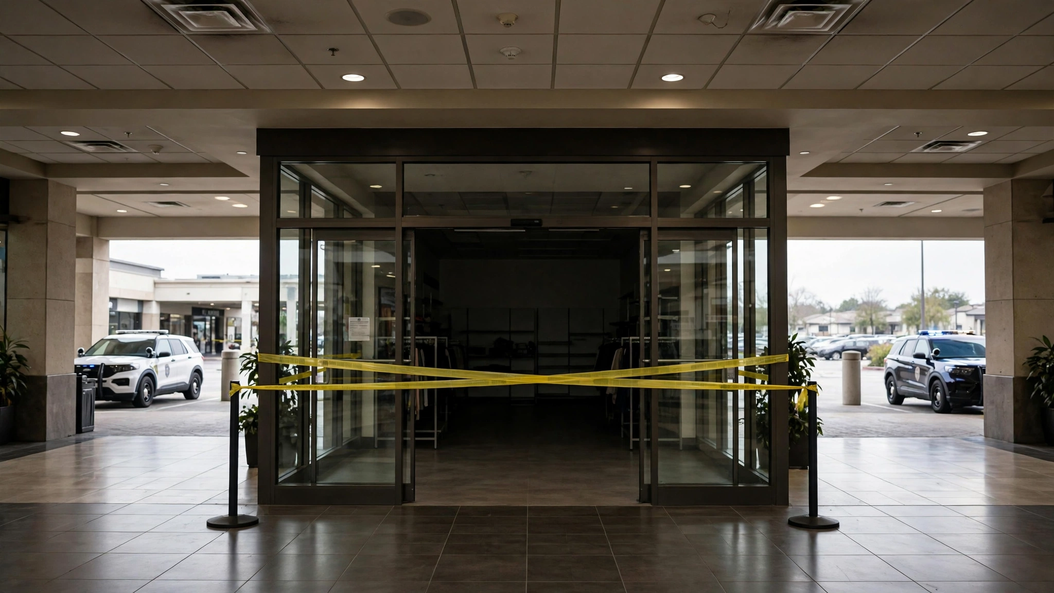 Yellow police tape across the glass entrance of a retail store inside a shopping mall, with police vehicles parked outside