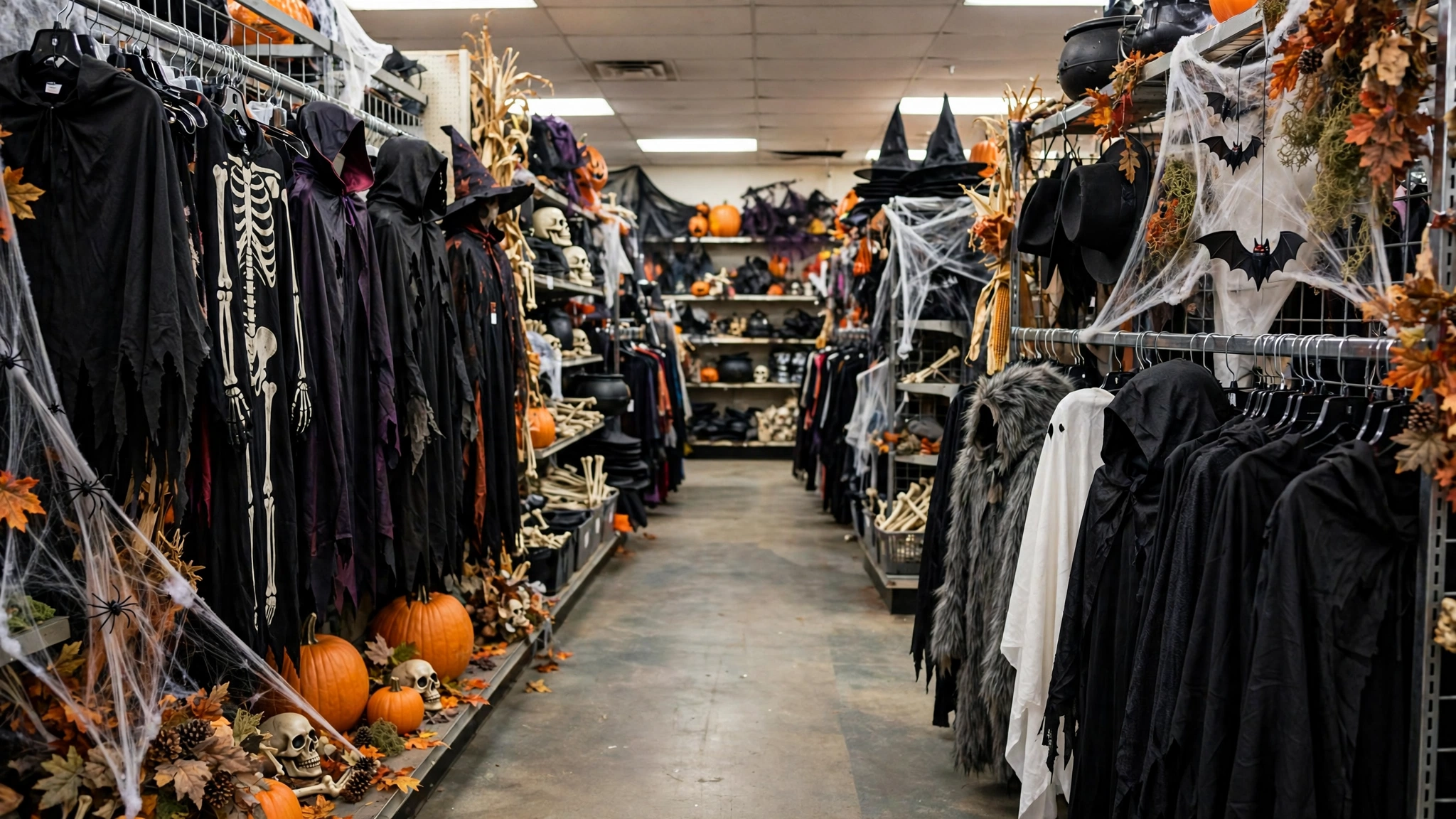 An aisle inside a costume shop with Halloween costumes, pumpkins and decorations on racks and shelves
