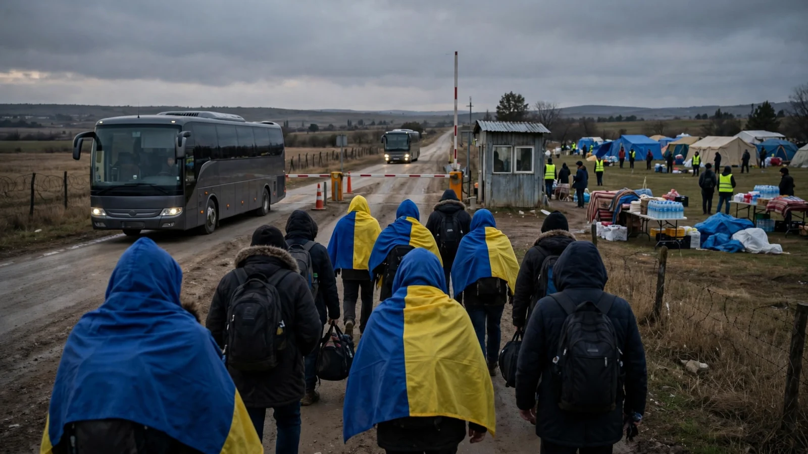 People wrapped in blue and yellow flags walk toward buses at a rural border crossing with aid tents in the background