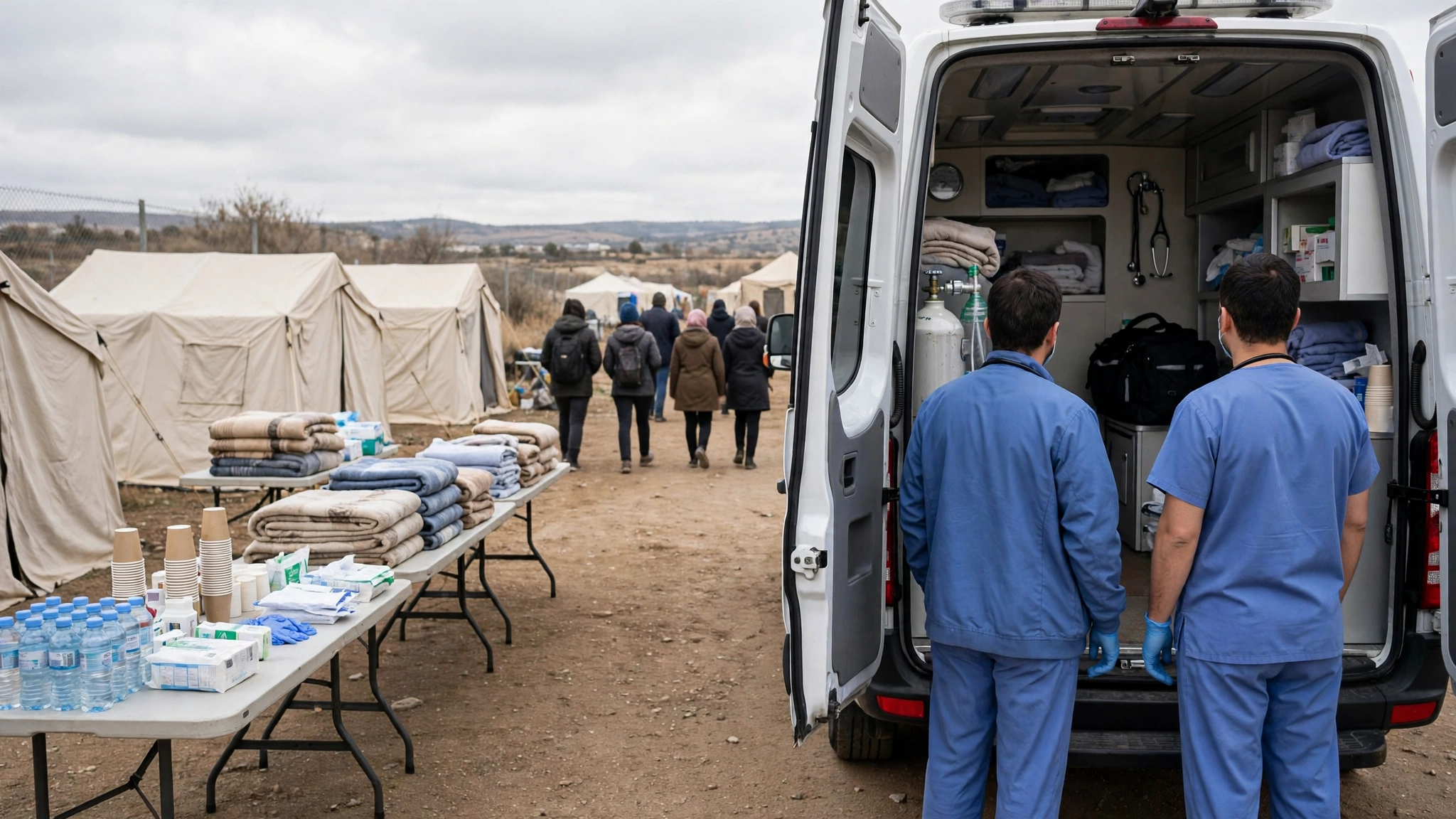 Medical workers in blue scrubs stand by an open ambulance beside tents and tables with blankets and bottled water