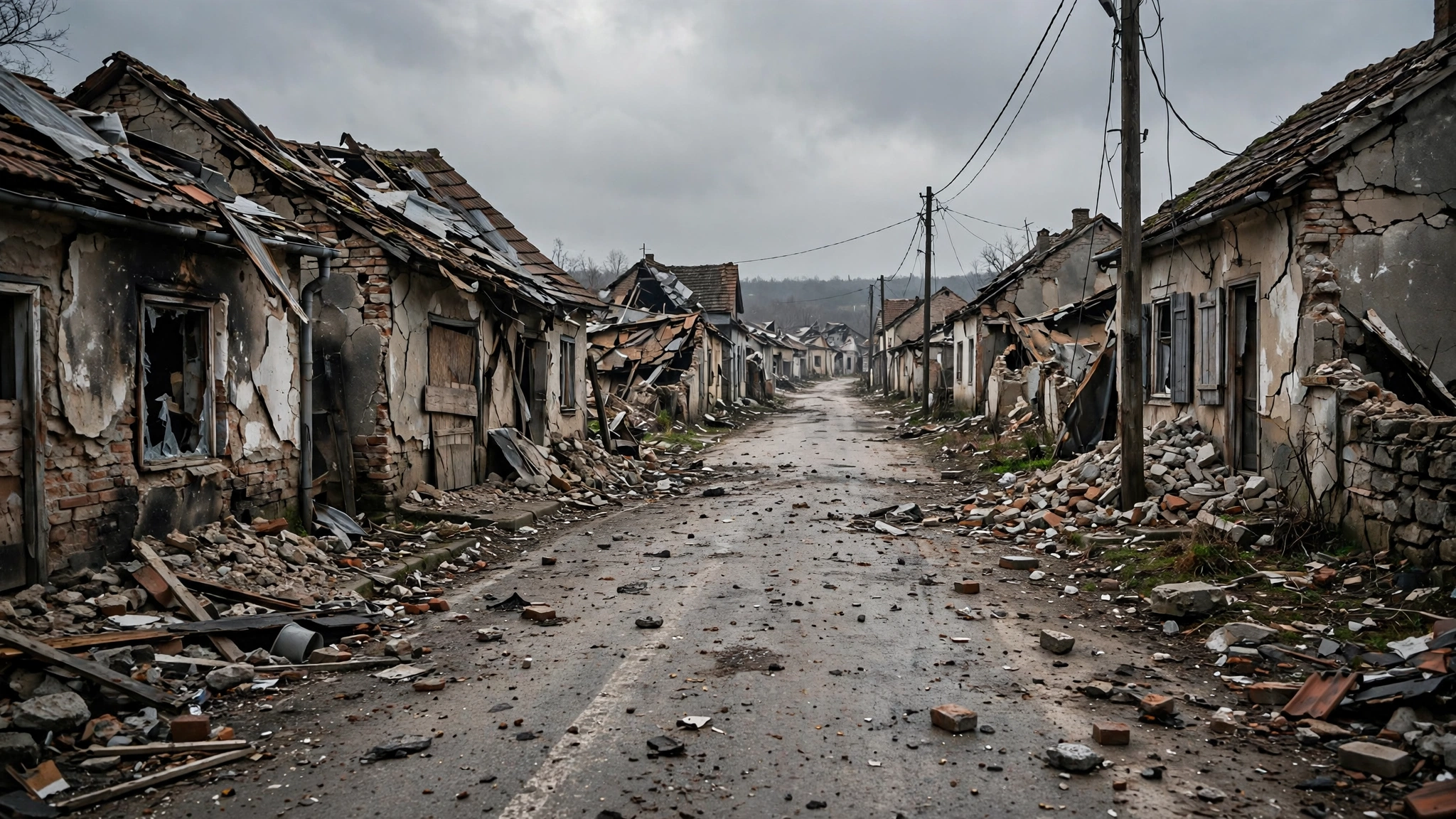 A street lined with damaged houses with broken roofs and rubble under a grey sky