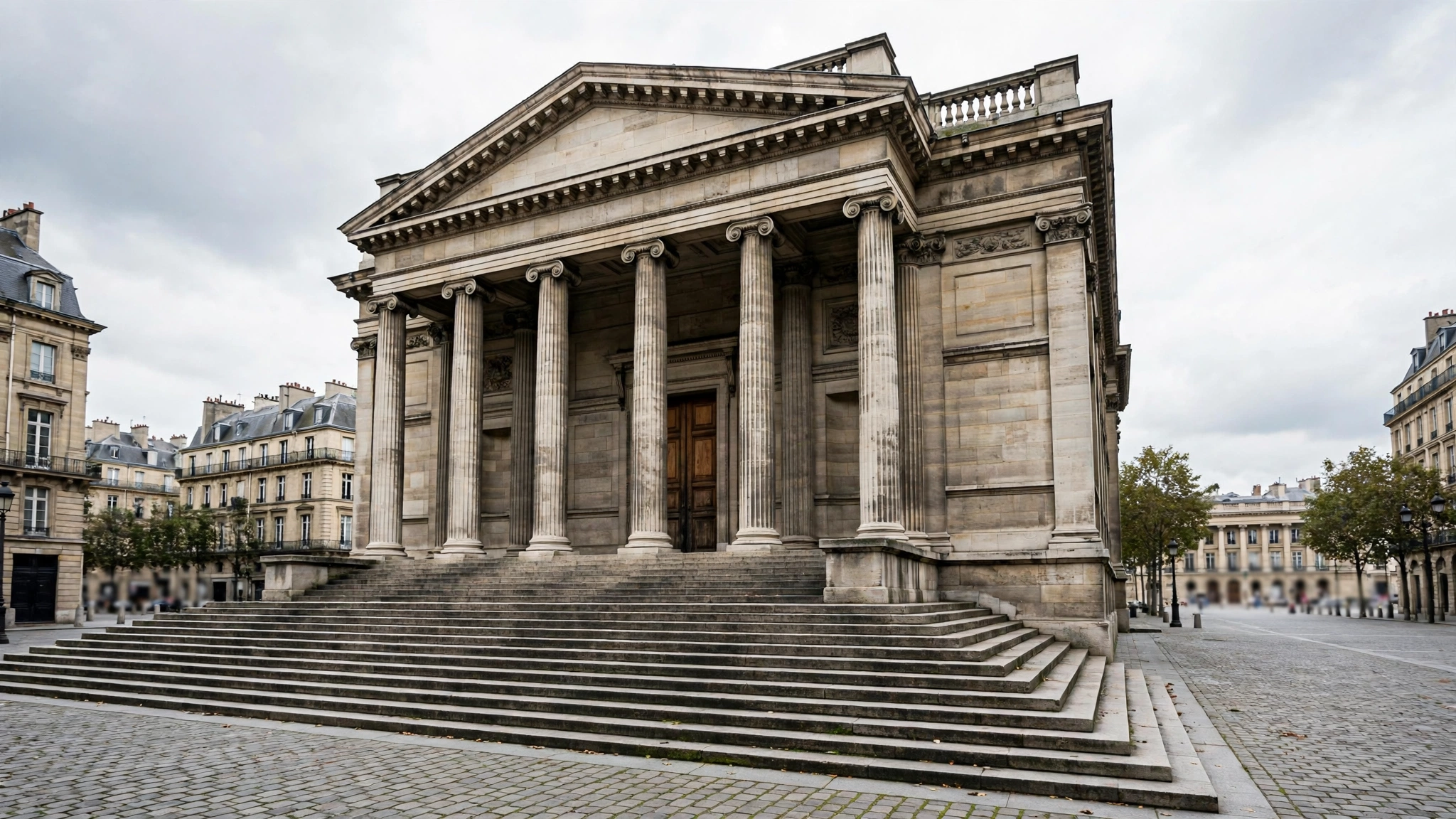 Stone columns and wide steps at the front of a neoclassical courthouse building