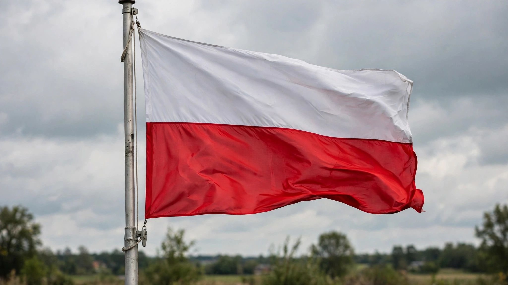 A red and white Polish flag waving on a flagpole against a cloudy sky