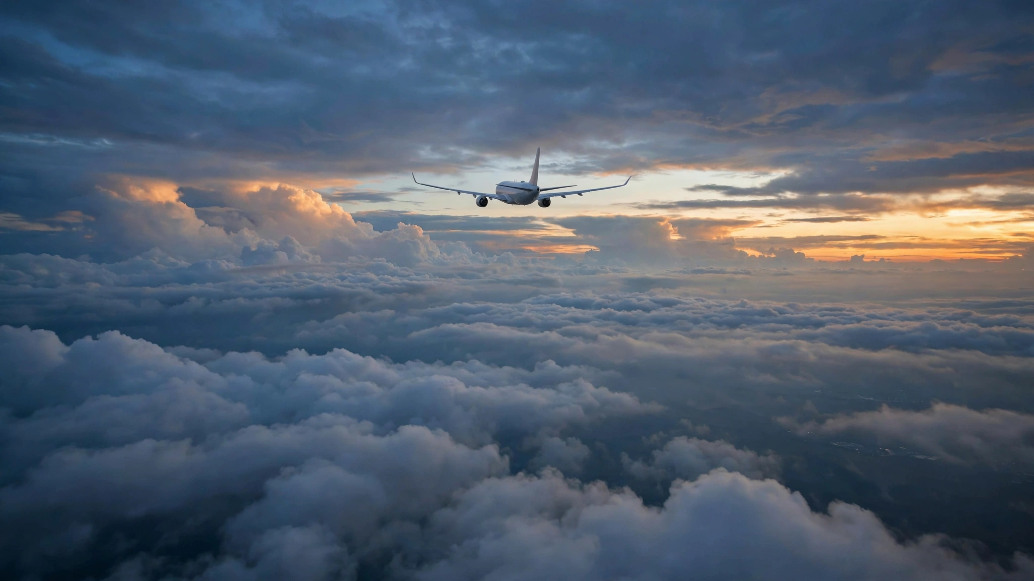 A passenger airplane flying above clouds at sunset