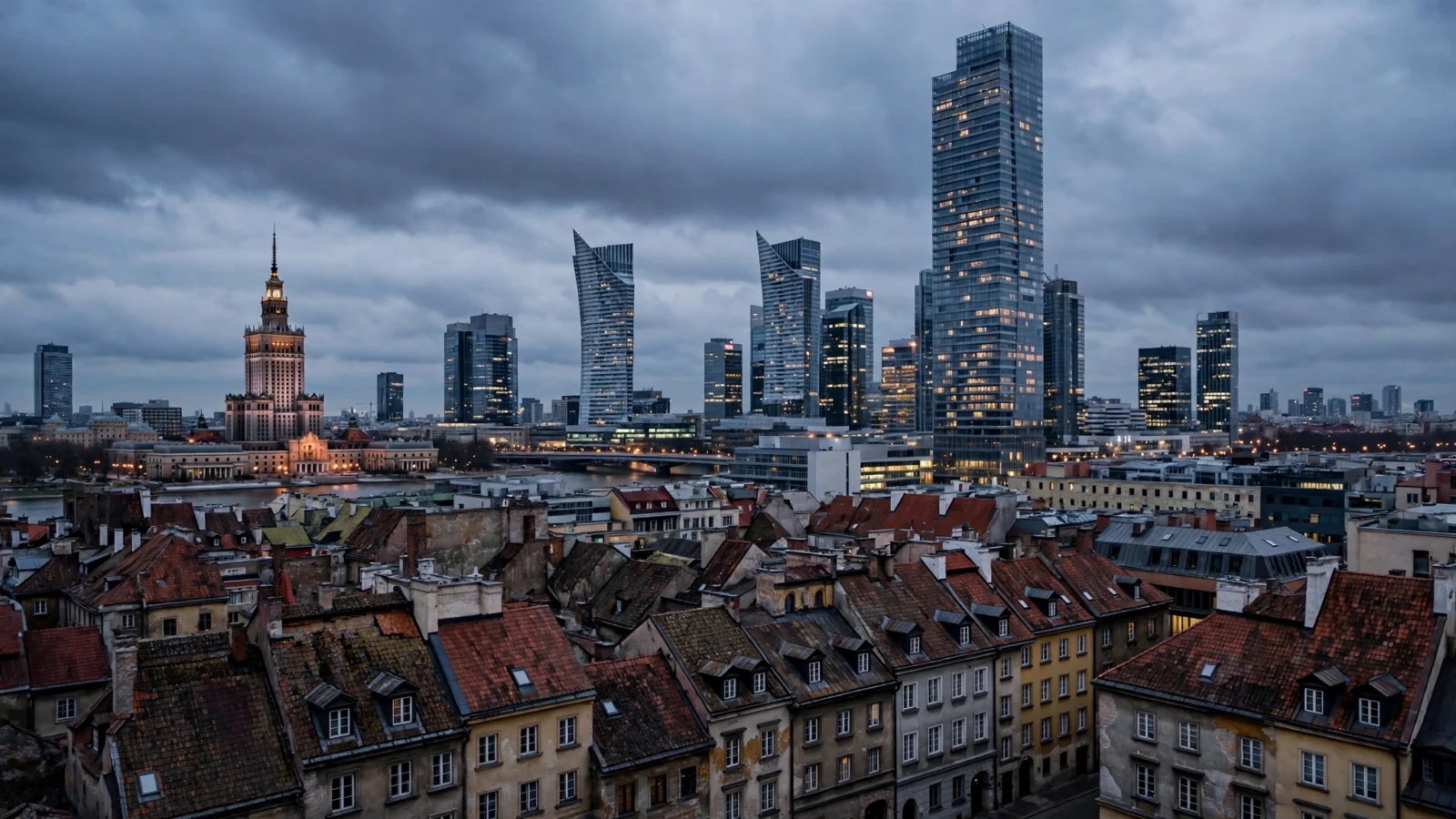 Warsaw skyline at dusk with modern towers above older rooftops