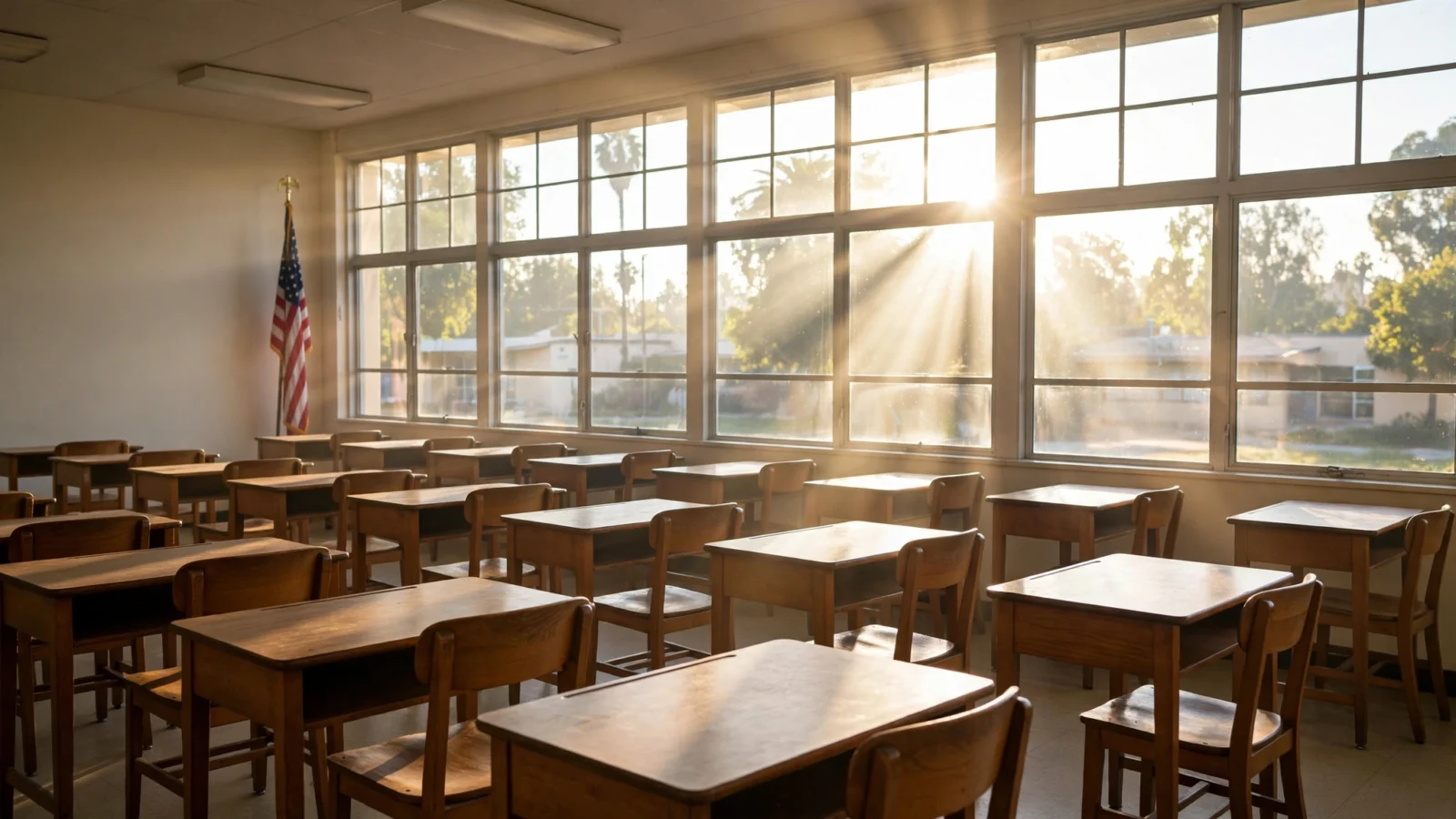 An empty classroom with rows of wooden desks and chairs and an American flag beside large sunlit windows
