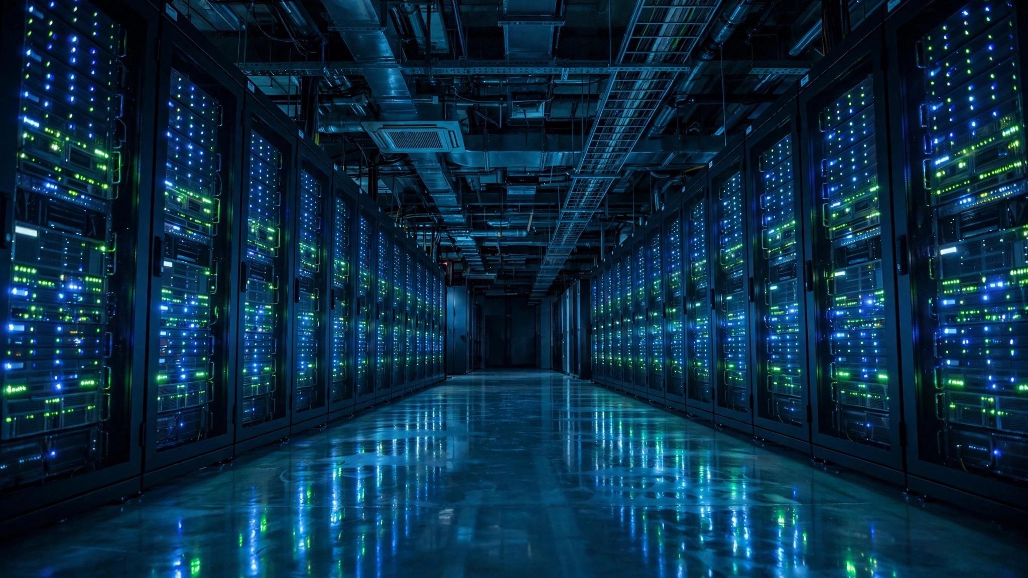 Rows of server racks with blue and green indicator lights inside a dark data center corridor