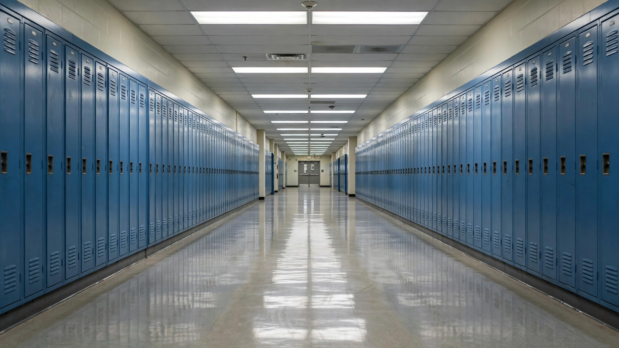 An empty school hallway lined with rows of blue metal lockers under fluorescent lights