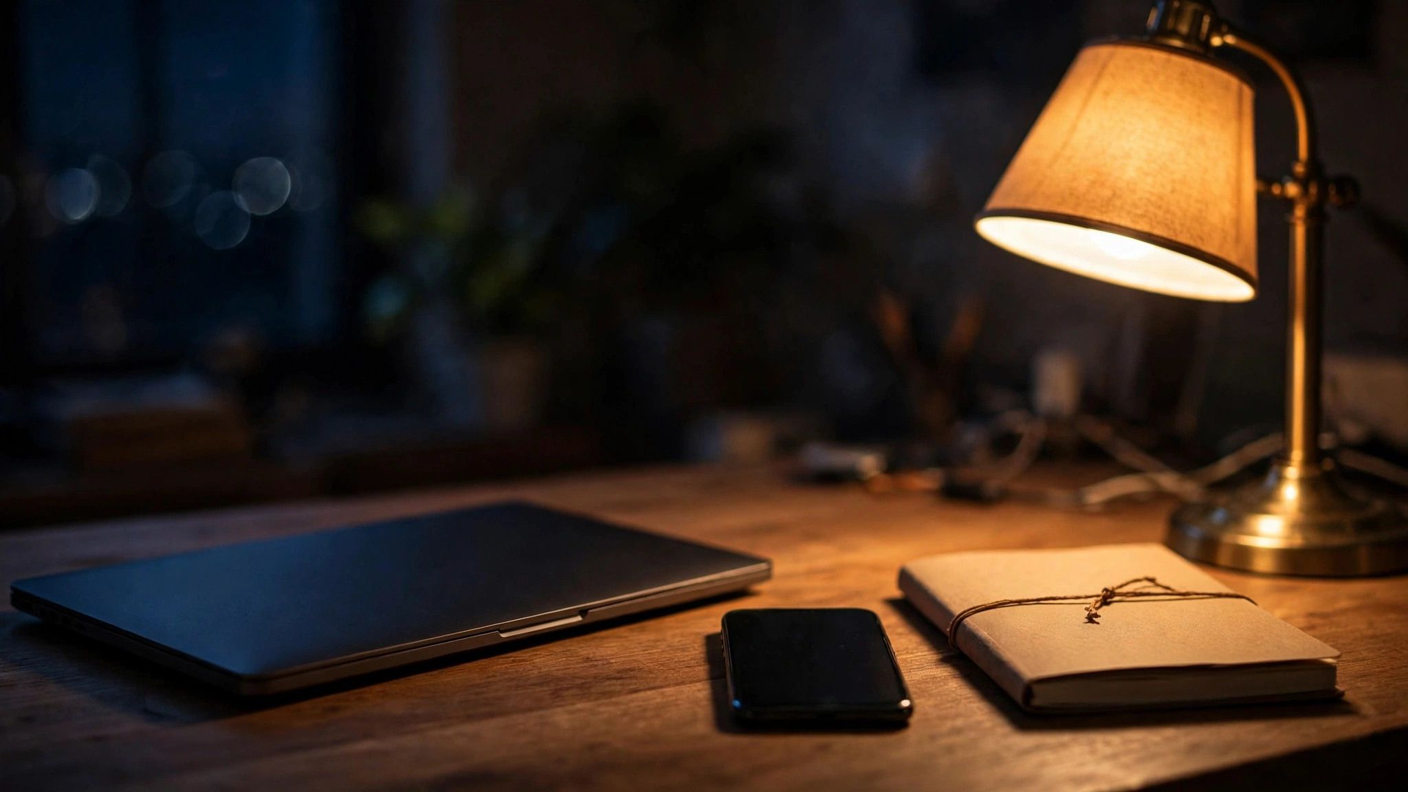 A closed laptop, smartphone and notebook on a wooden desk lit by a warm lamp at night