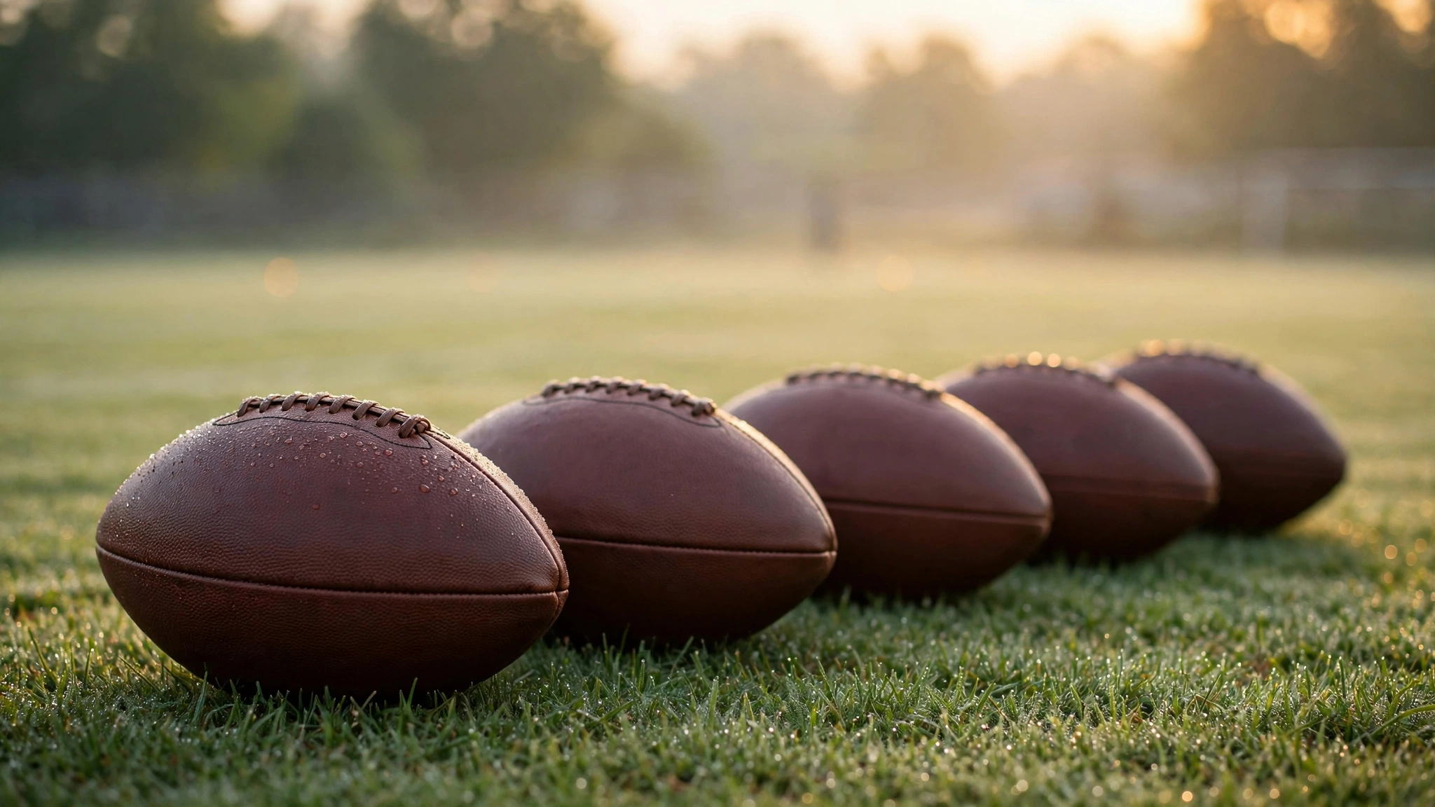 American footballs lined up on a dew-covered grass practice field at sunrise