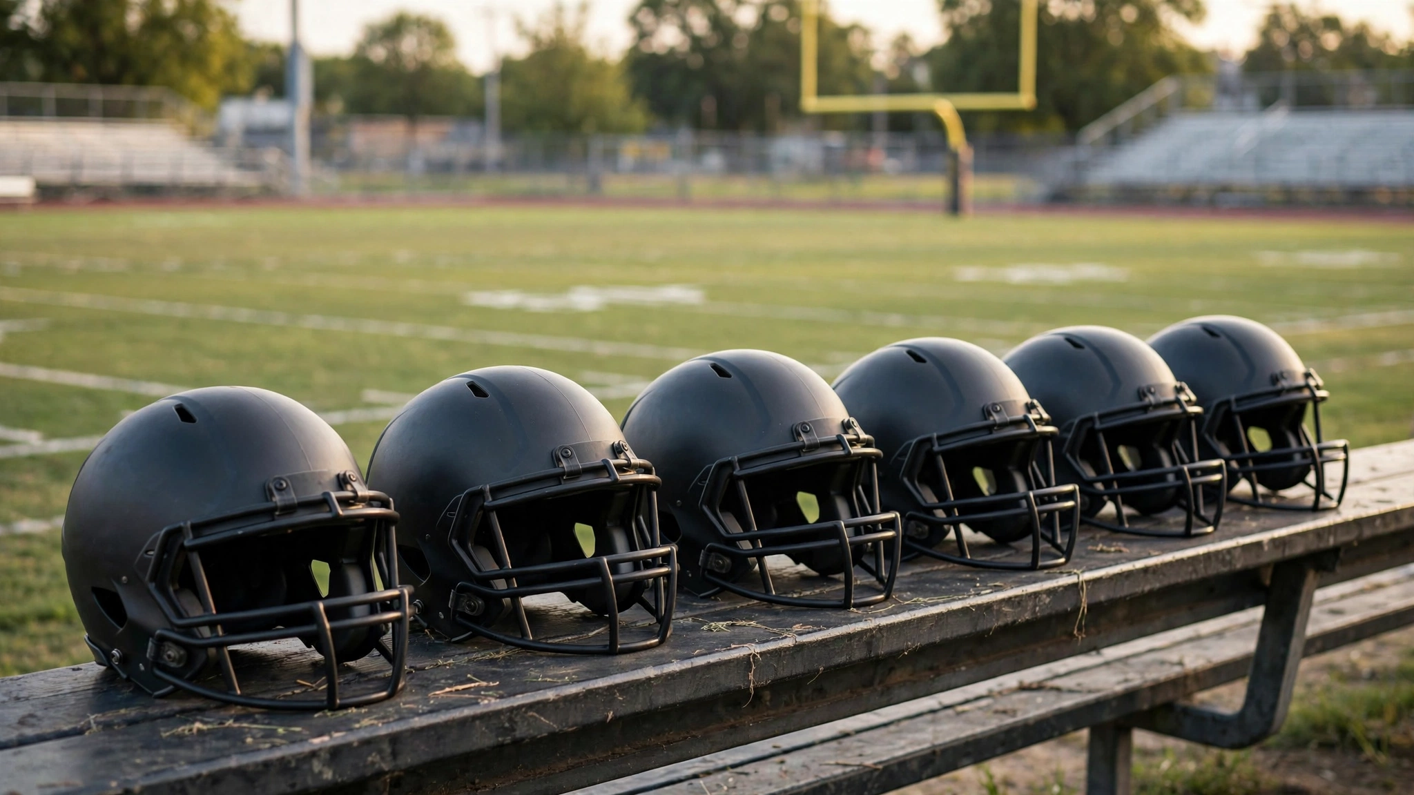 Plain dark football helmets lined up on a sideline bench with a football field behind them