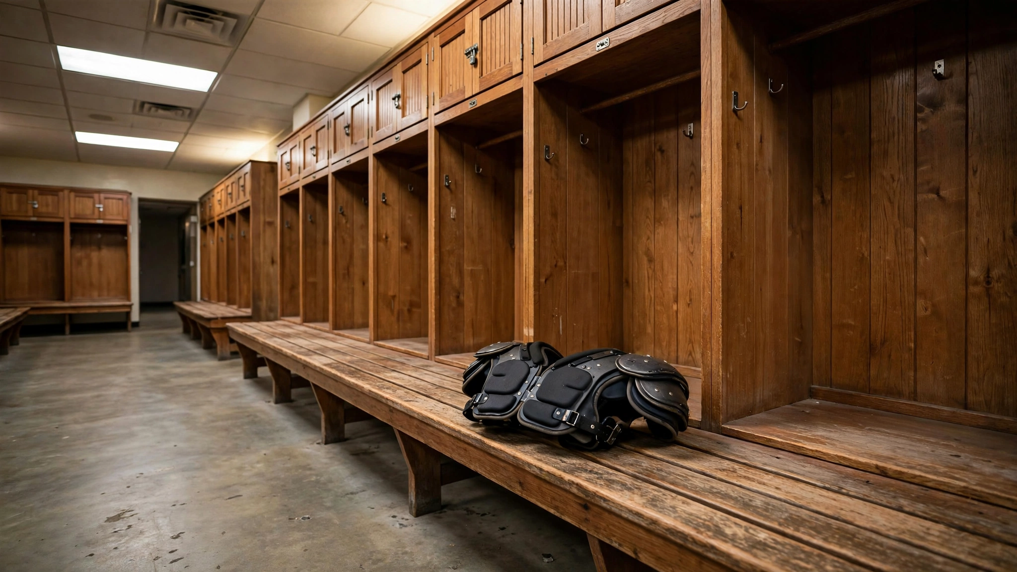 An empty football locker room with wooden lockers, benches and shoulder pads on a bench