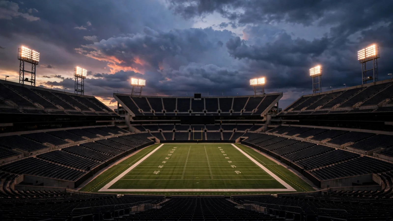 An empty football stadium at dusk with the floodlights on over a green field