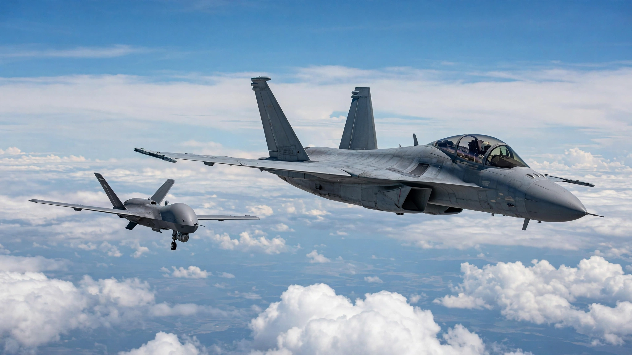 A fighter jet flying alongside a small unmanned drone aircraft high above the clouds.