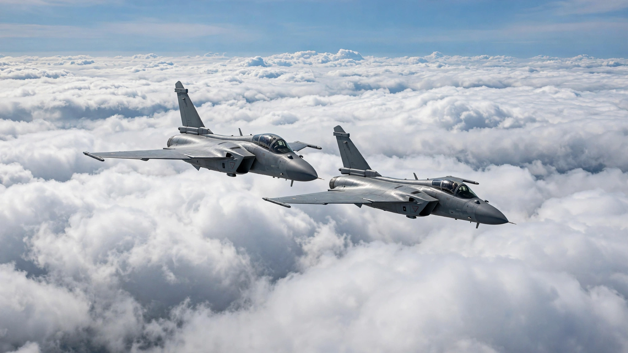 Two grey fighter jets flying in close formation above a layer of white clouds.