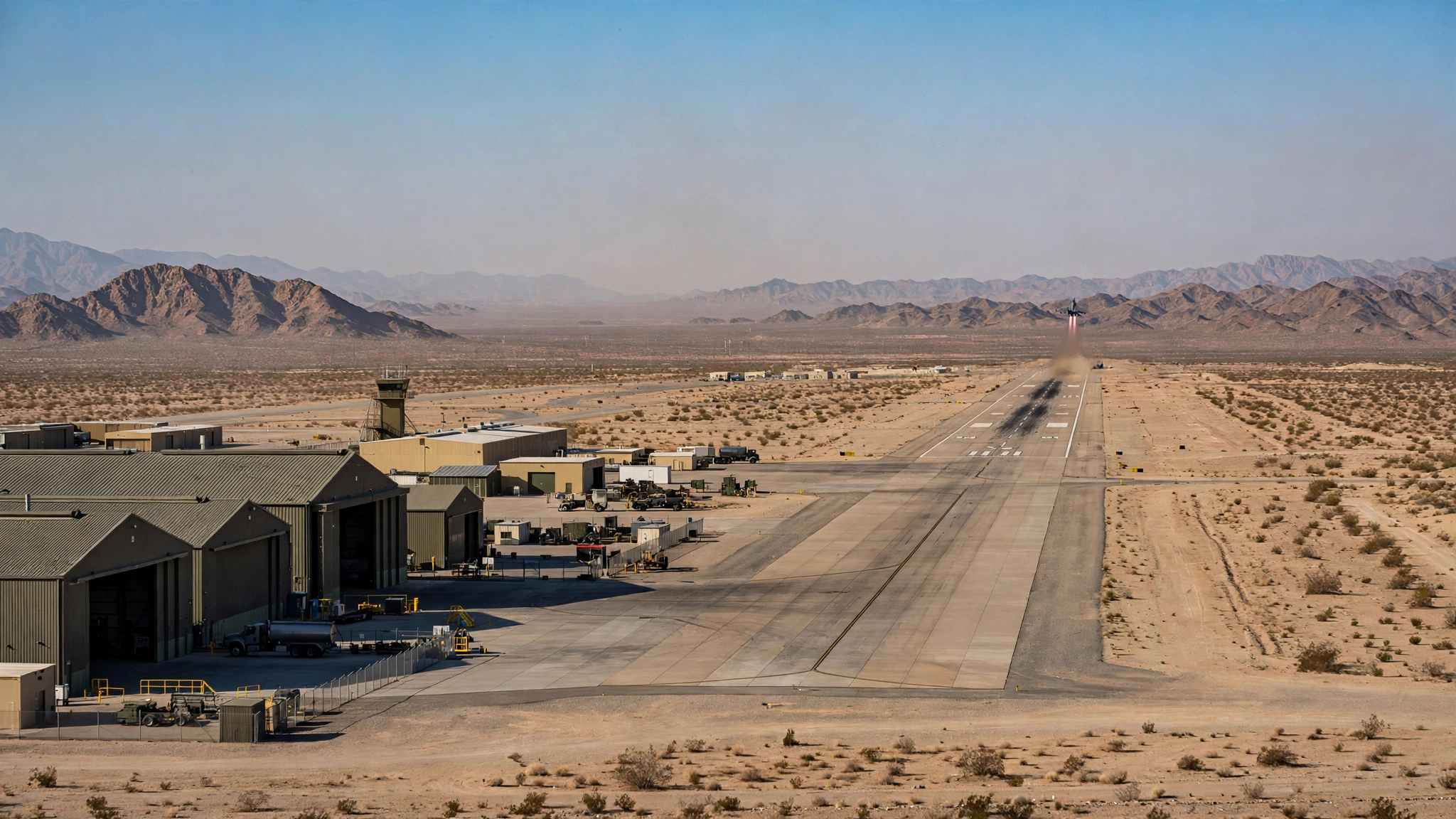 A desert air force test base with hangars and a long runway, a fighter jet taking off in the far distance.
