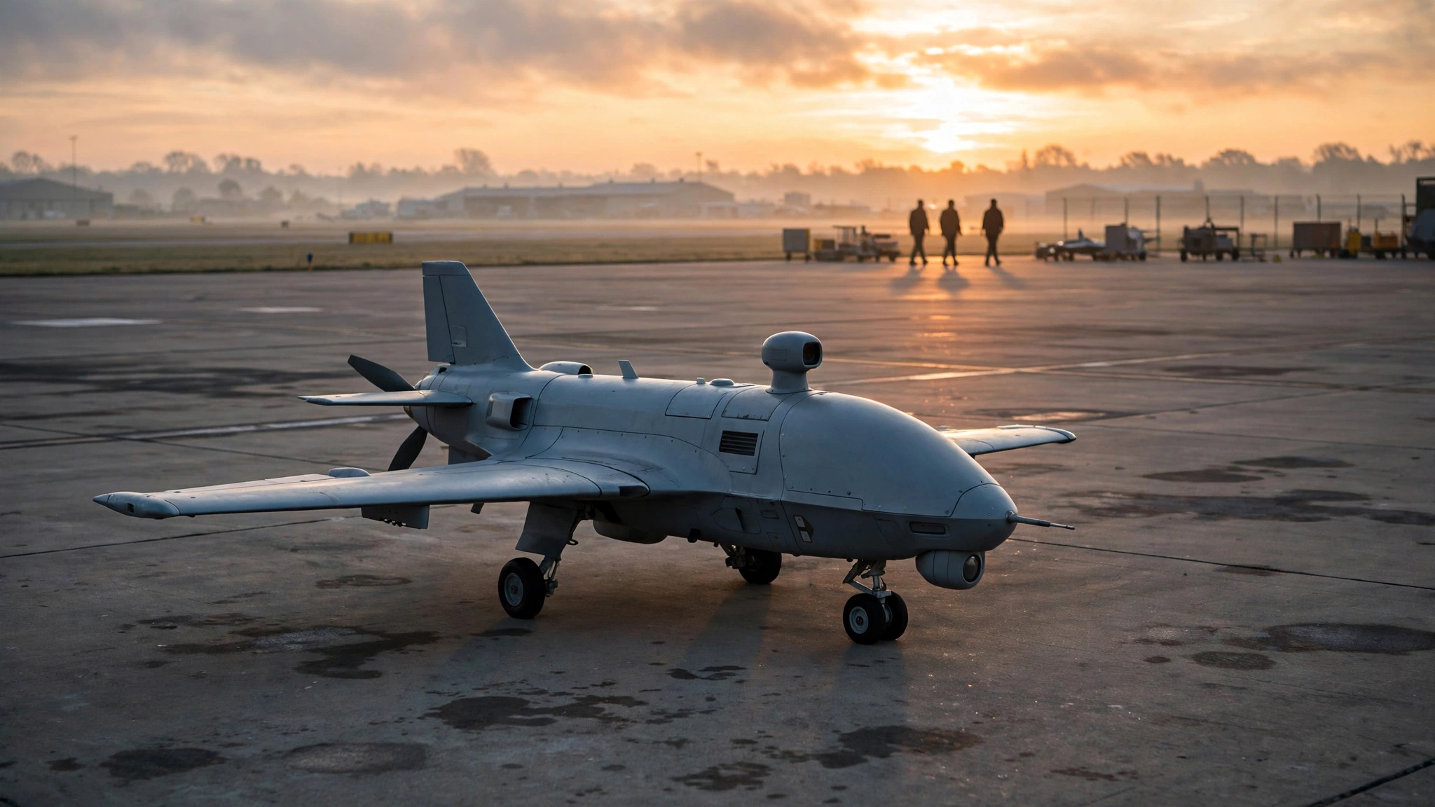 An unmanned combat drone aircraft parked on a tarmac at sunrise, with distant crew silhouettes.