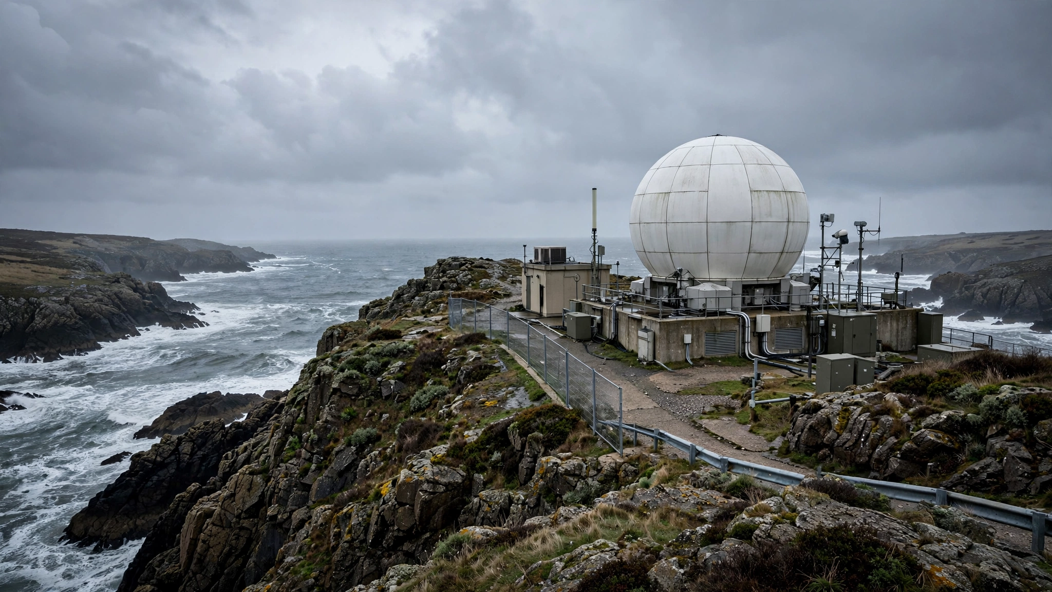 A coastal military radar dome installation on a rocky cliff overlooking the sea under a grey overcast sky.