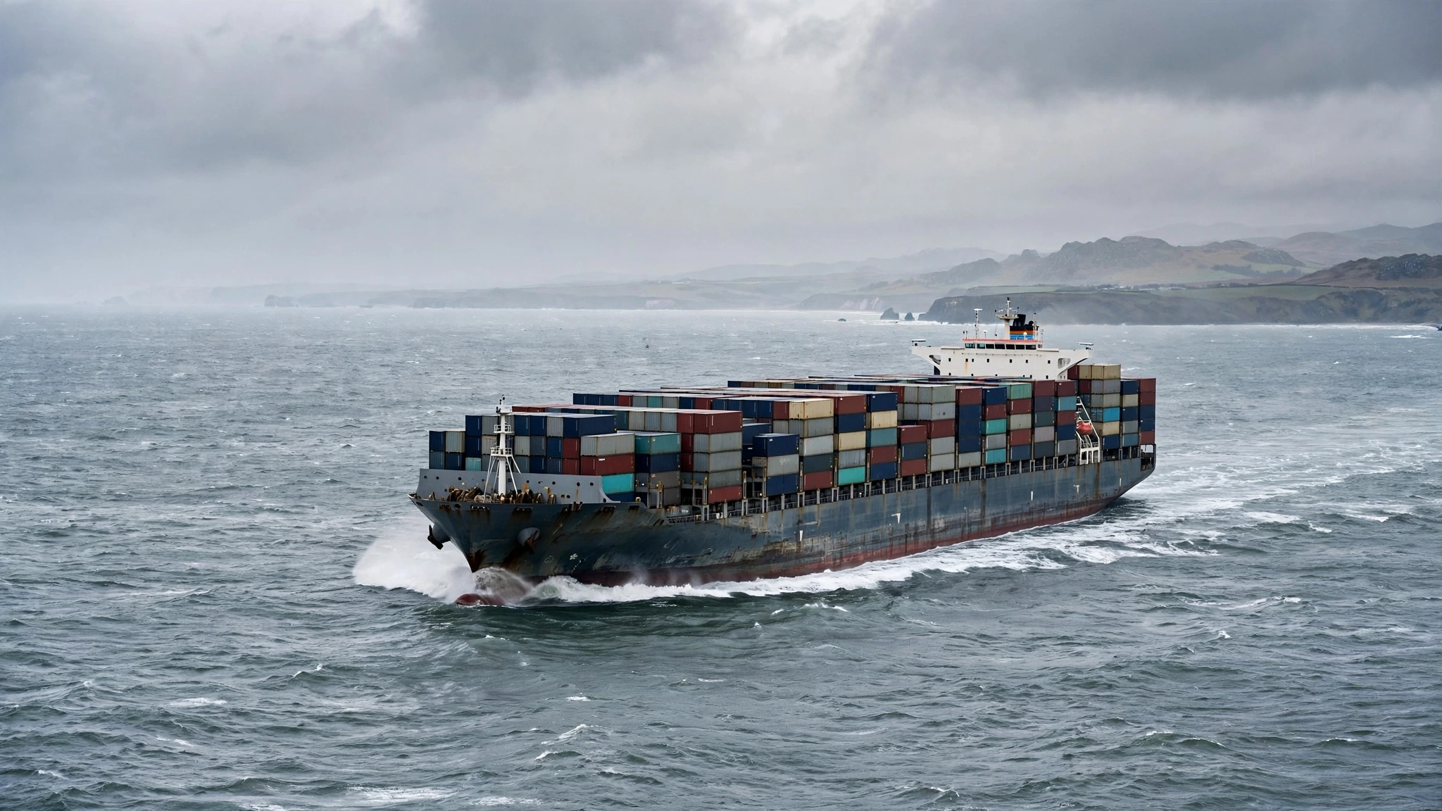 A large container cargo ship sailing on a grey open sea with a distant coastline.