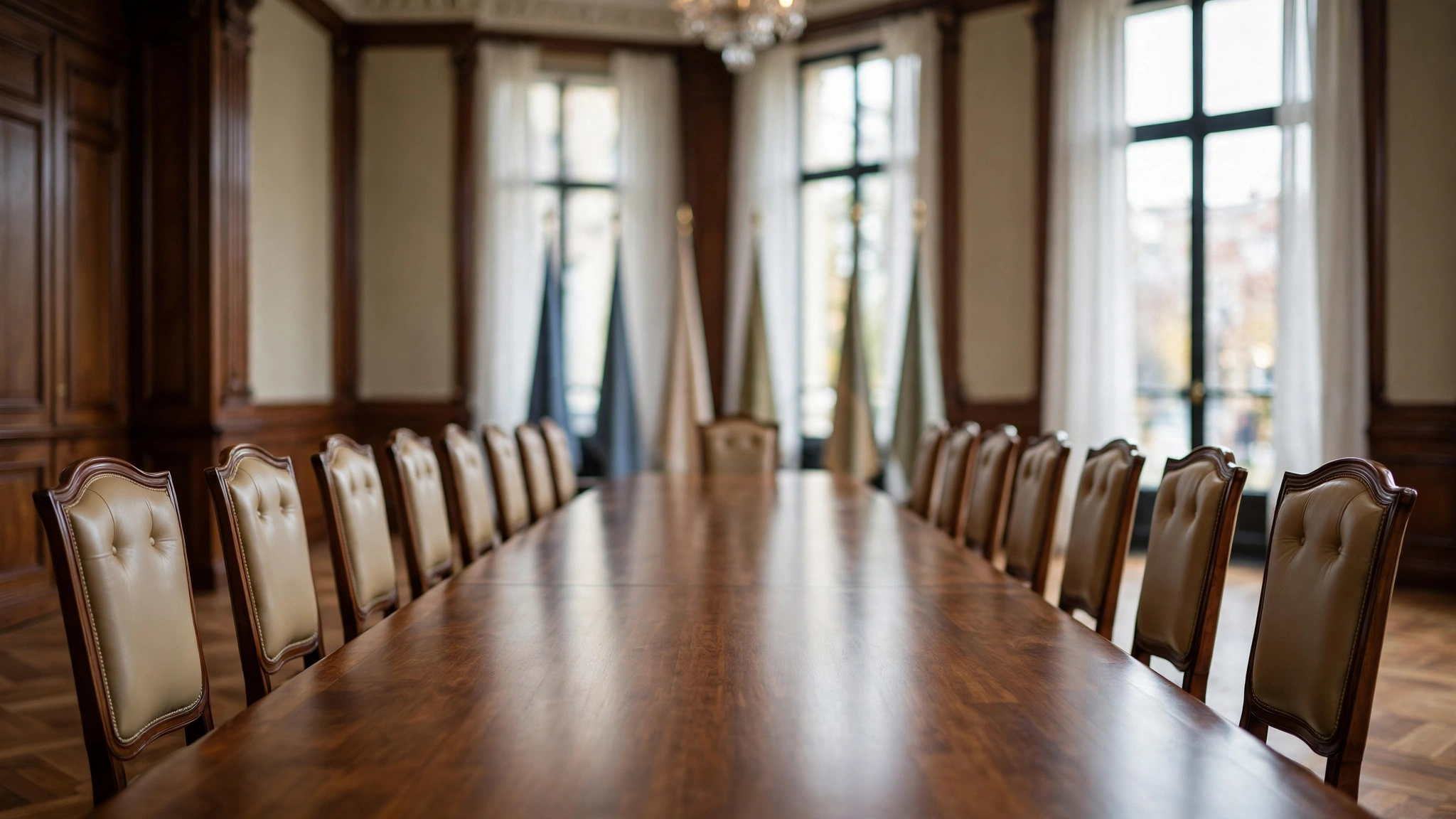 A formal diplomatic conference room with a long wood table and rows of empty high-backed chairs, flag stands blurred in the background