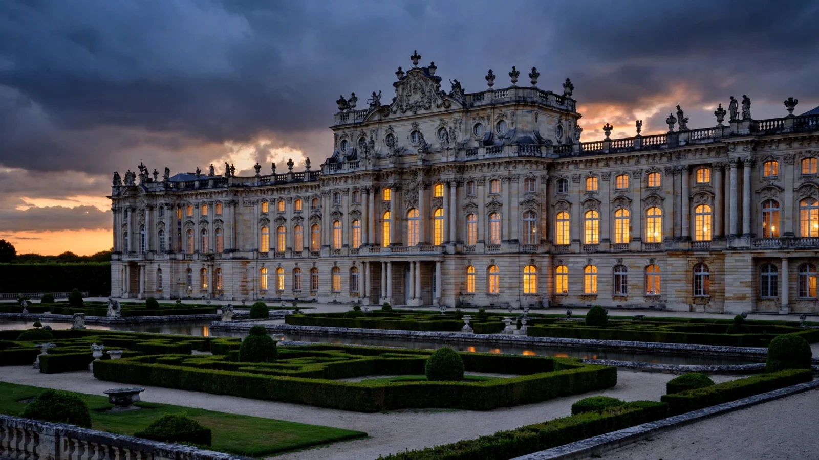 A grand baroque imperial palace with illuminated windows and formal gardens at dusk