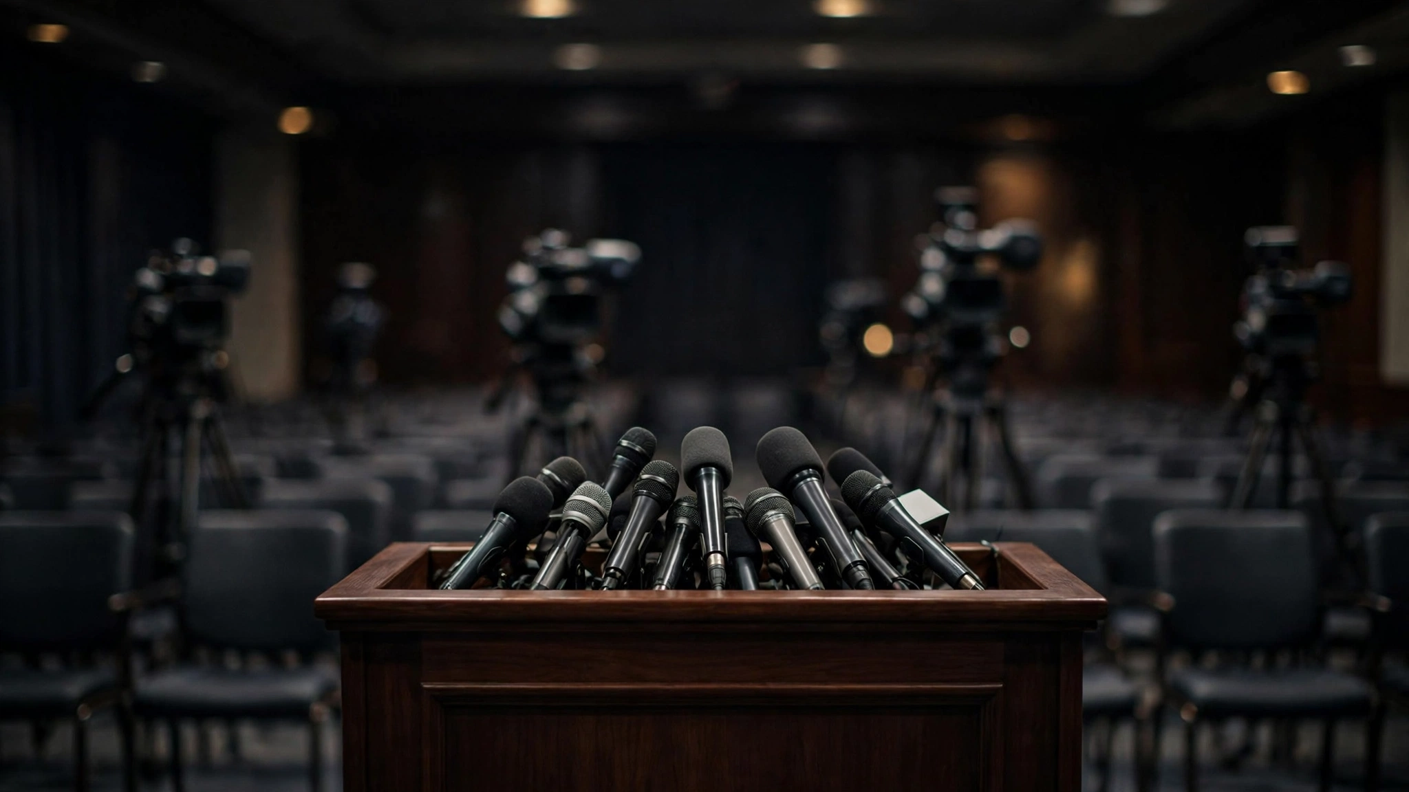 An empty press briefing podium with microphones in front of rows of empty chairs and television cameras