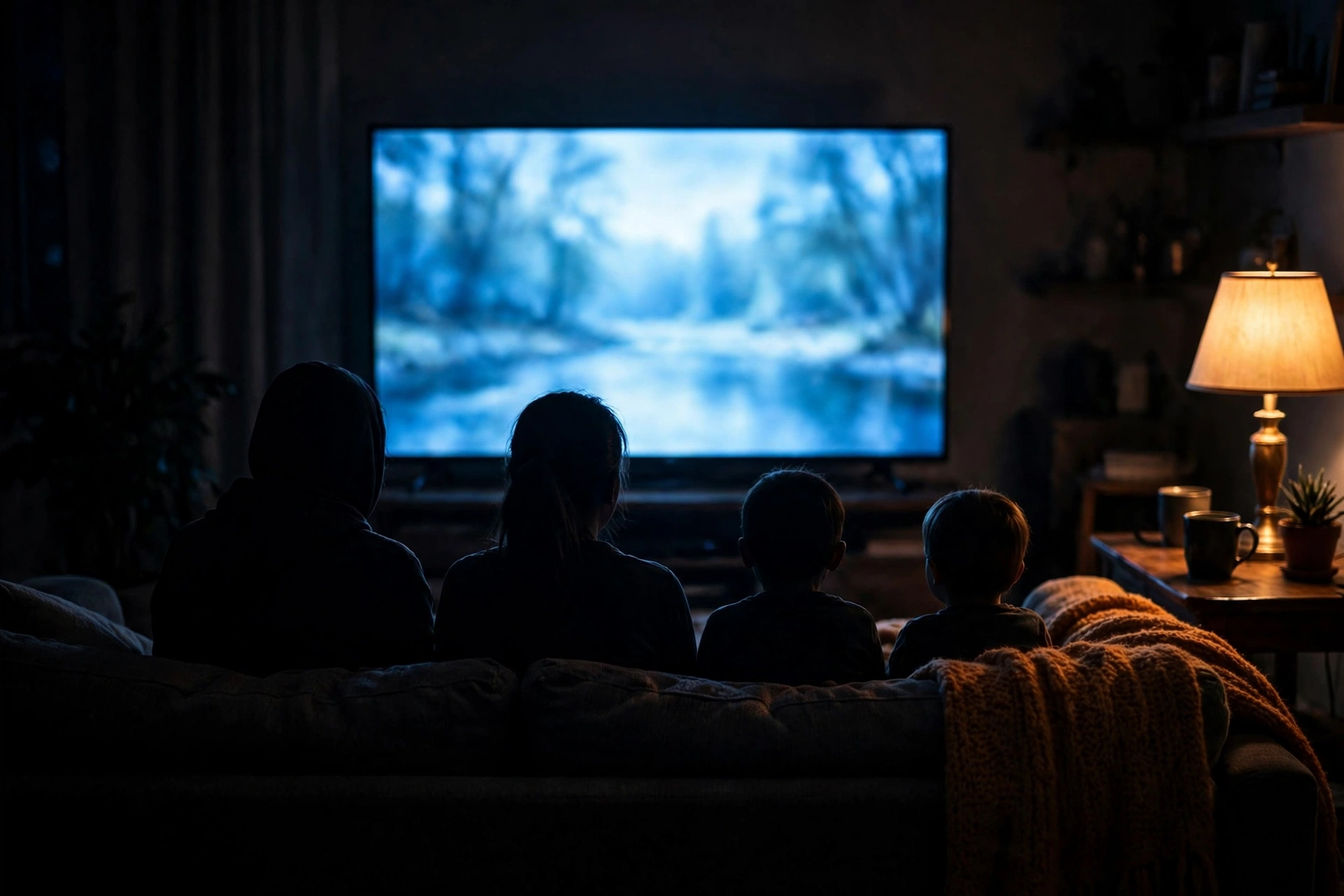 A family silhouetted on a couch watching a glowing television in a dark living room