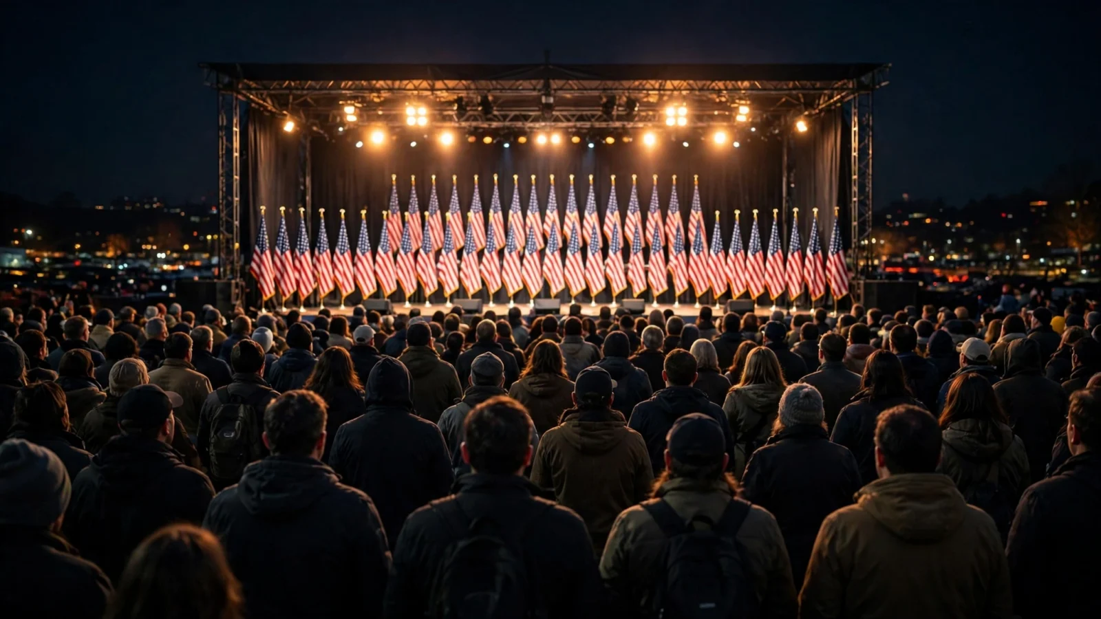 A nighttime campaign rally with rows of American flags on a lit stage and a crowd seen from behind