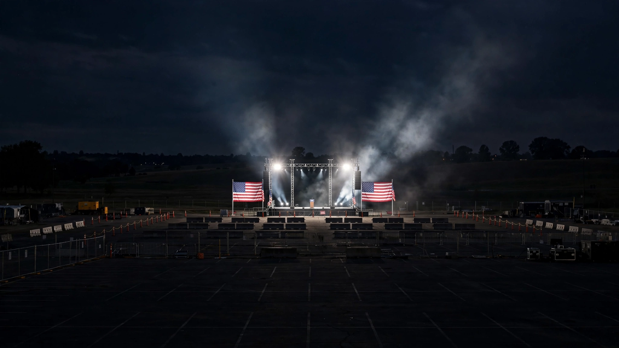 An empty outdoor campaign stage at night with American flags, spotlights and barriers
