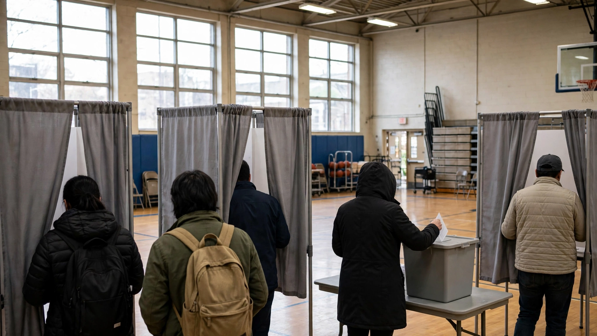 Voters casting ballots at curtained booths in a school gymnasium