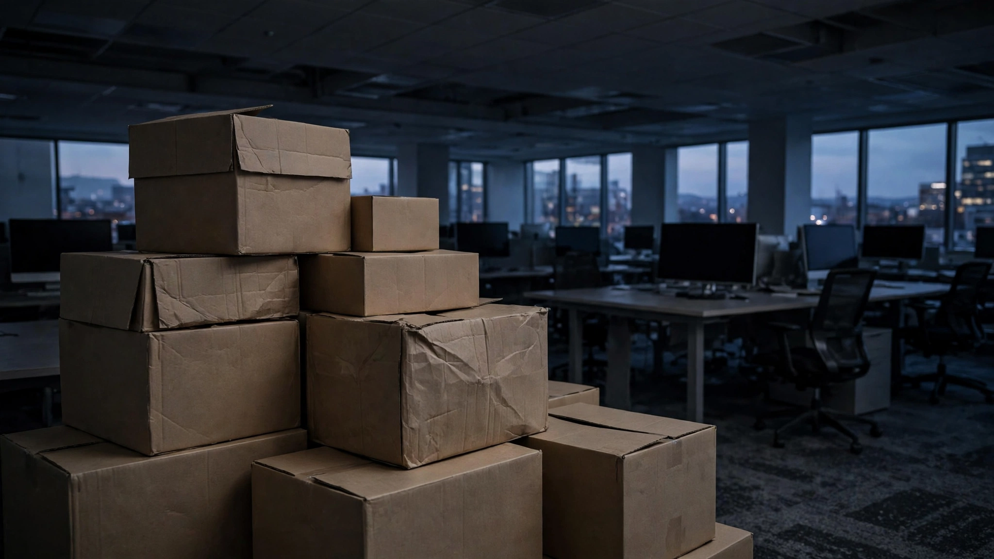 Stacked cardboard moving boxes in a dim, emptied office at dusk